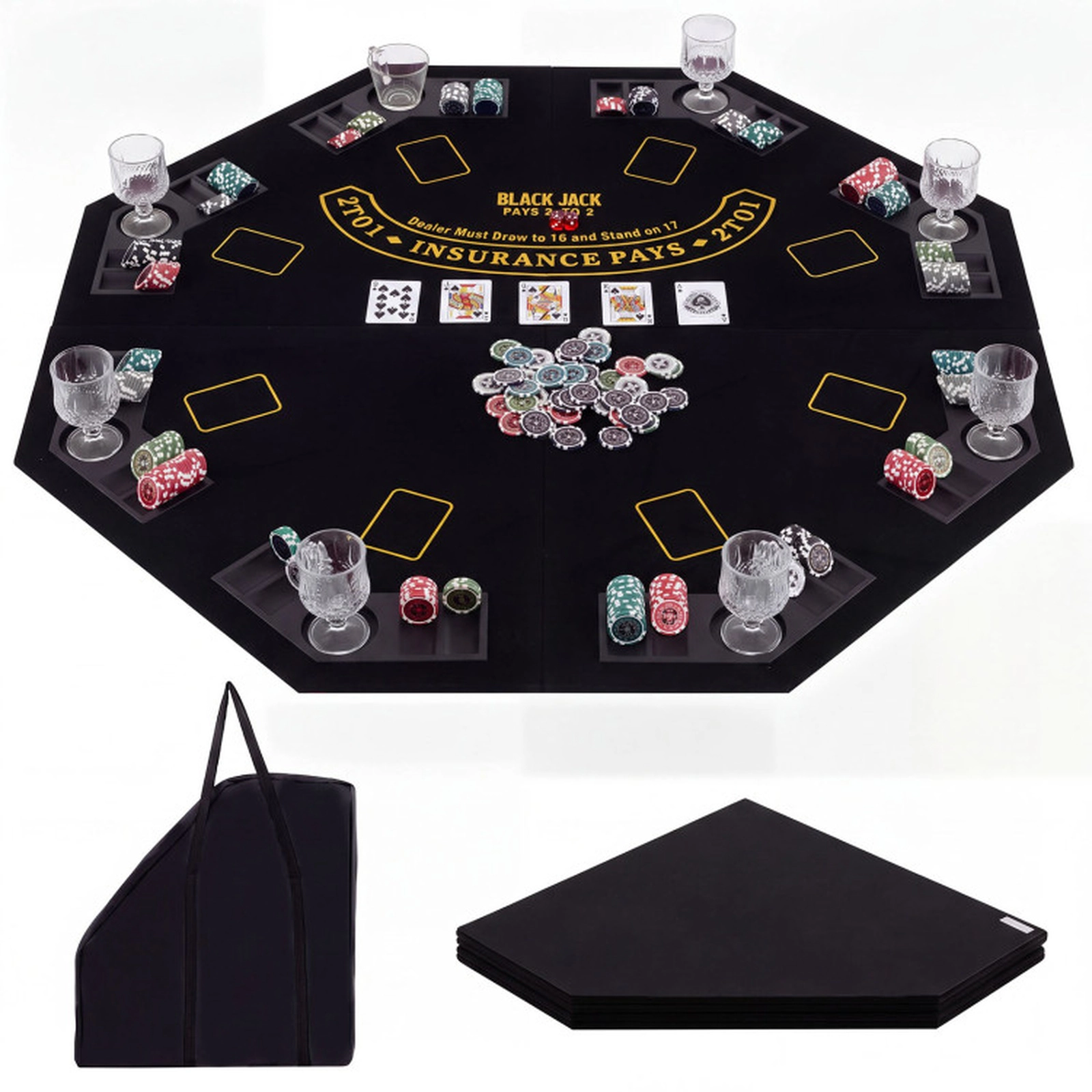 SUGIFT 48-in 8-Player Quad-Fold Portable Poker Table Top with Cup Holders Chip Trays and Carrying Bag
