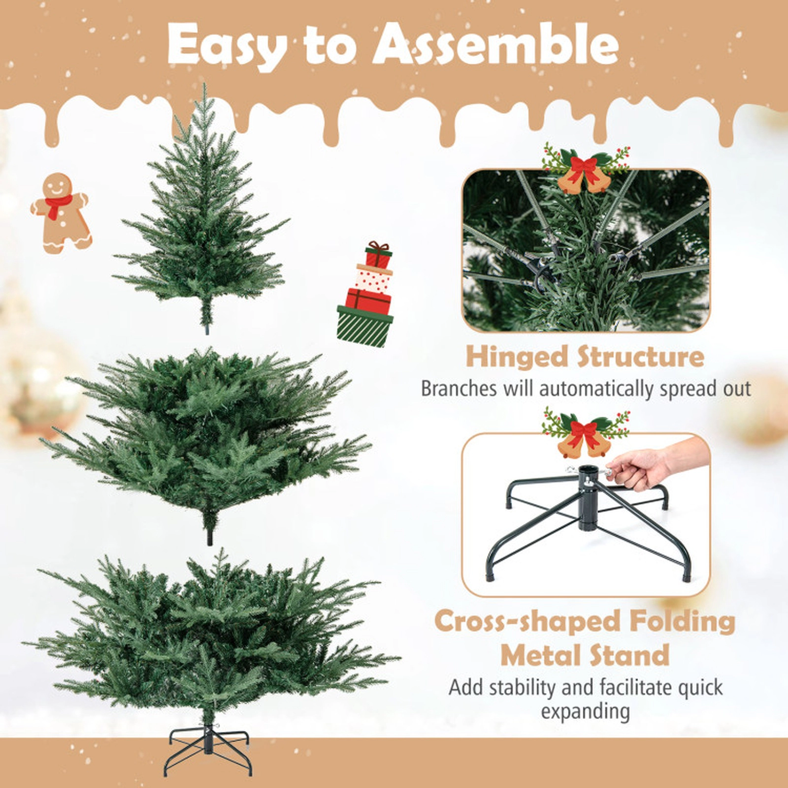 SUGIFT 7-ft Pre-Lit 8 Lighting Modes Hinged Artificial Christmas Tree 1102 Branch Tips 350 Warm White LEDs Green
