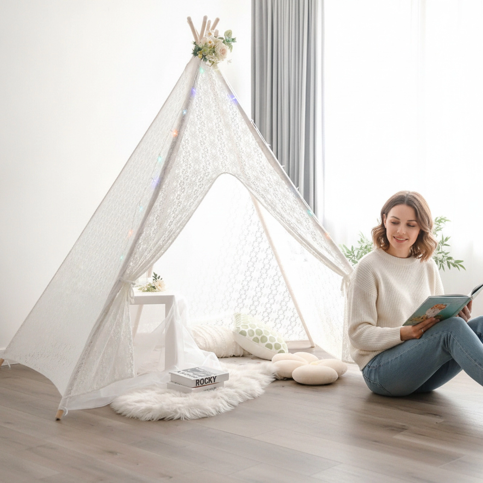 Lace Teepee Tent 85-in Tall Sleepover Tent for Children with LED Star Light Strings Pine Wood Poles White