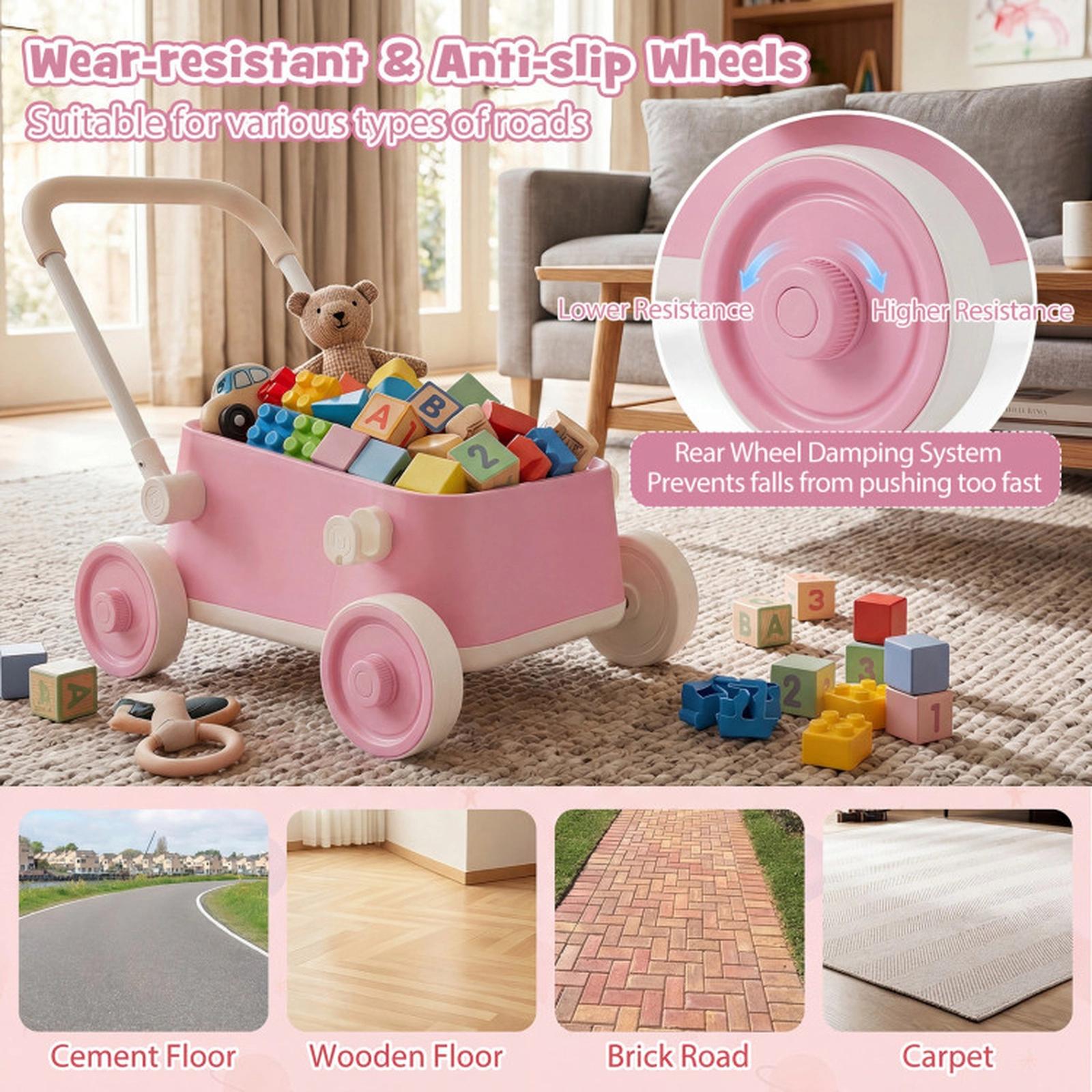 SUGIFT Baby Push Walker Wagon with Foldable Handlebar and Storage Basket 24.5-in Frame Ages 3-6 Years Pink