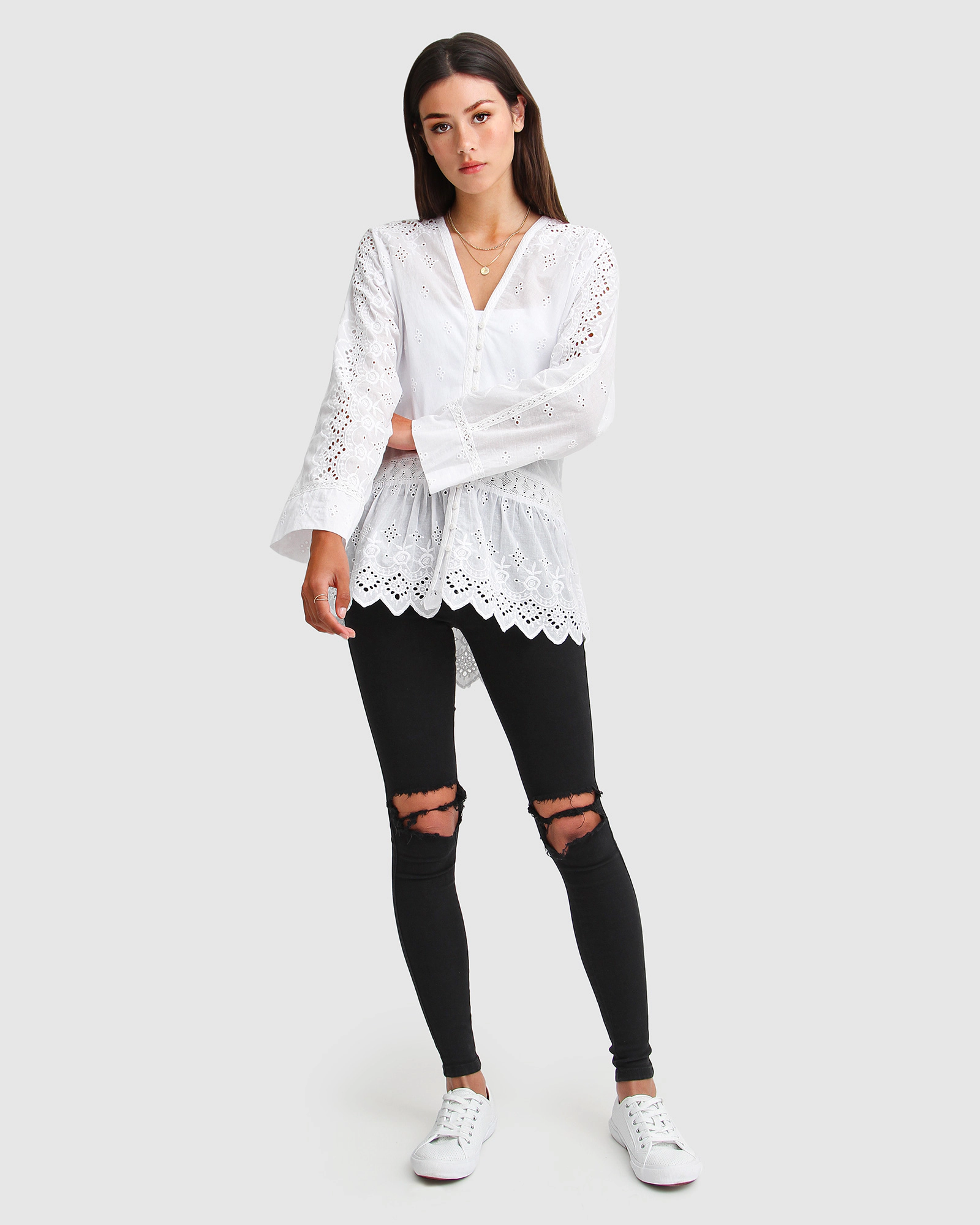 Belle & Bloom Womens Unbutton Me Eyelet Button Down Shirt