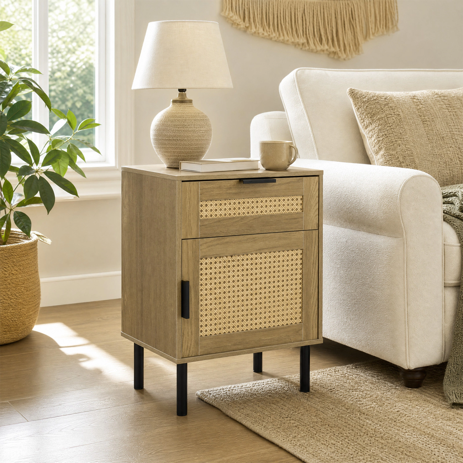 LJG Set of 2 Rattan Nightstand with Drawer and Storage Cabinet for Bedroom Dorm