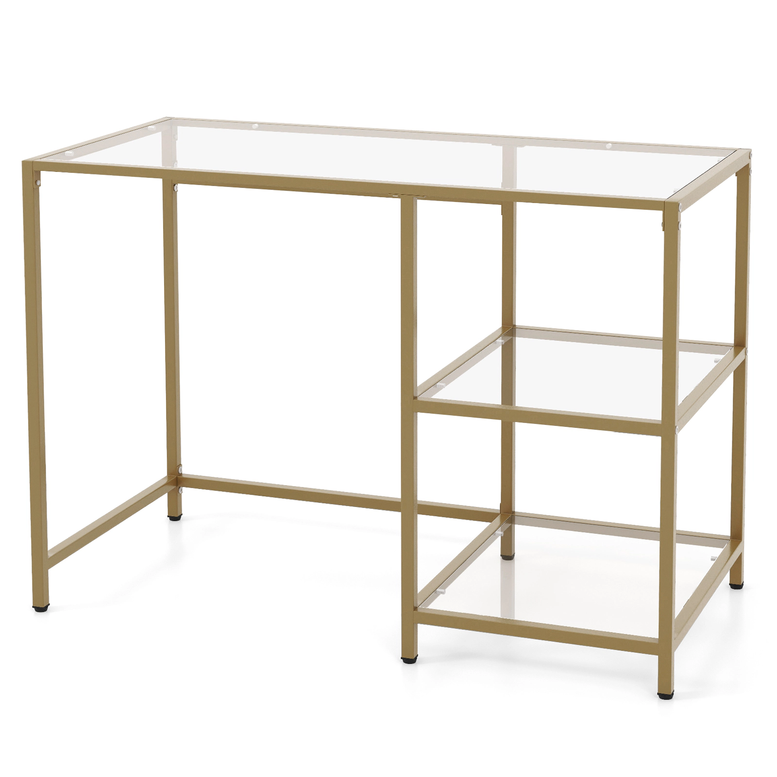 SUGIFT Tempered Glass Metal Frame 2 Open Shelves Adjustable Feet Console Table In Golden
