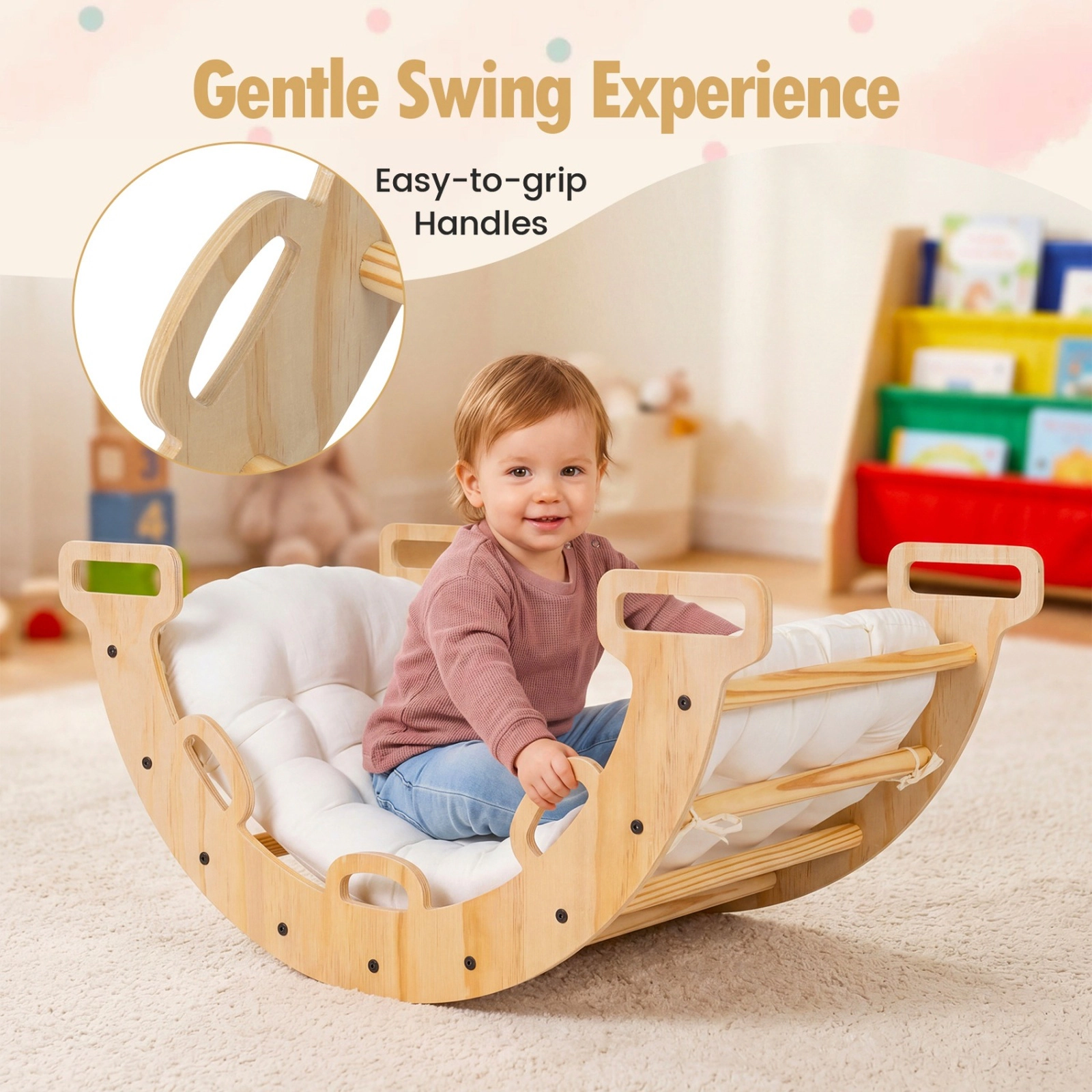 SUGIFT Natural Cushion Montessori Kids Climber and Rocker Wooden Rocking Climbing Arch