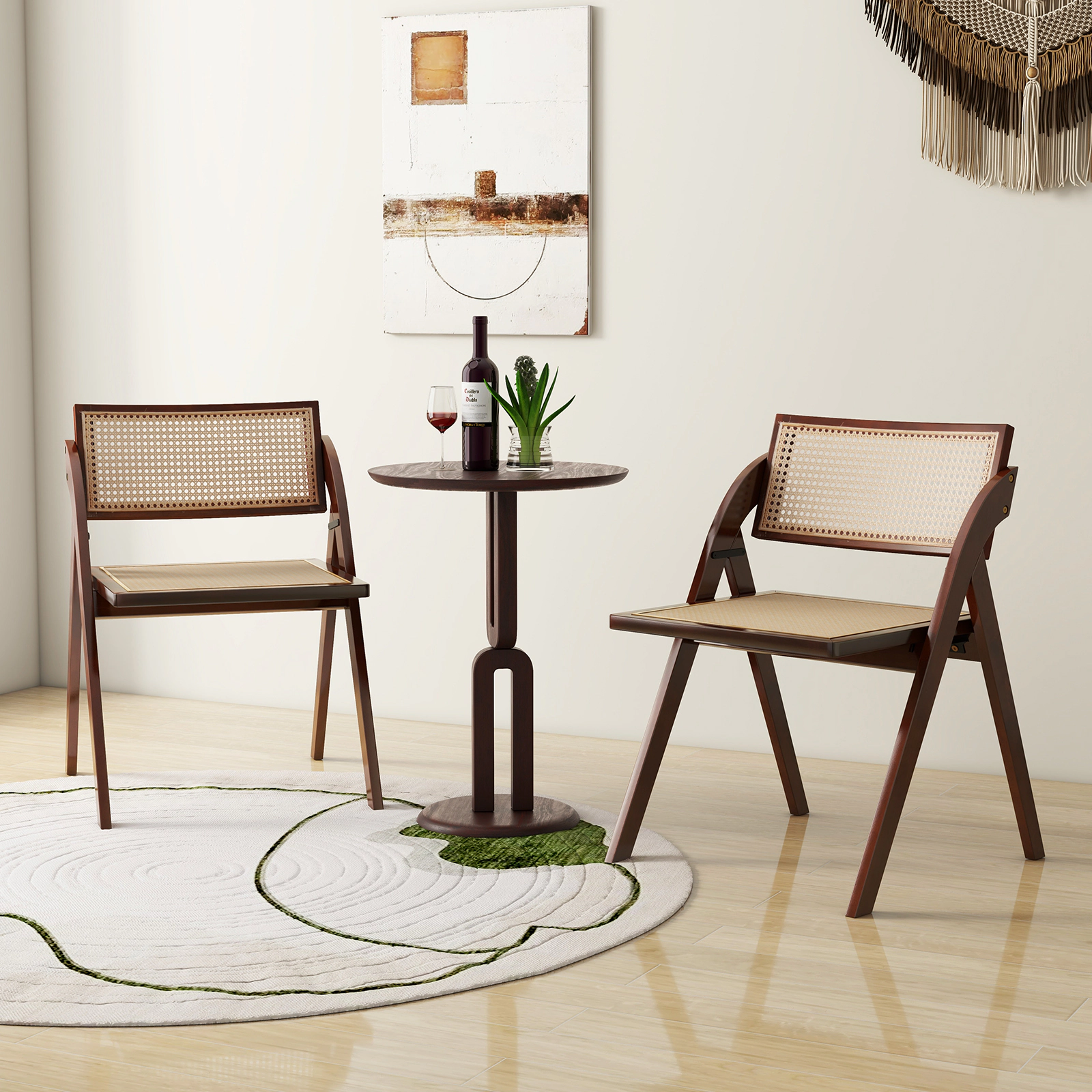 LJG Foldable Dining Chairs Set of 2 with Woven Rattan Backrest