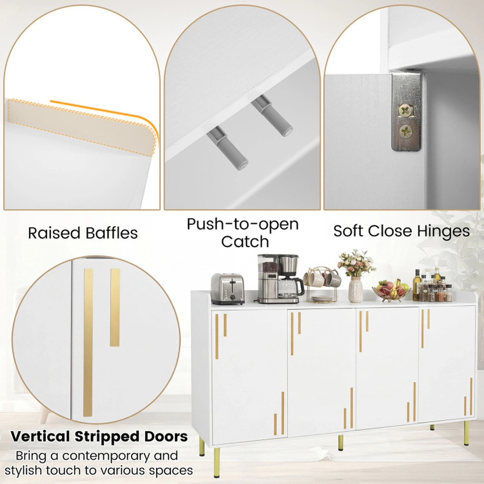 SUGIFT 55-in 4 Doors 5 Metal Legs Gold-Tone Handles Credenza Buffet Cabinet 16-in D x 33-in H 100-lb Capacity White