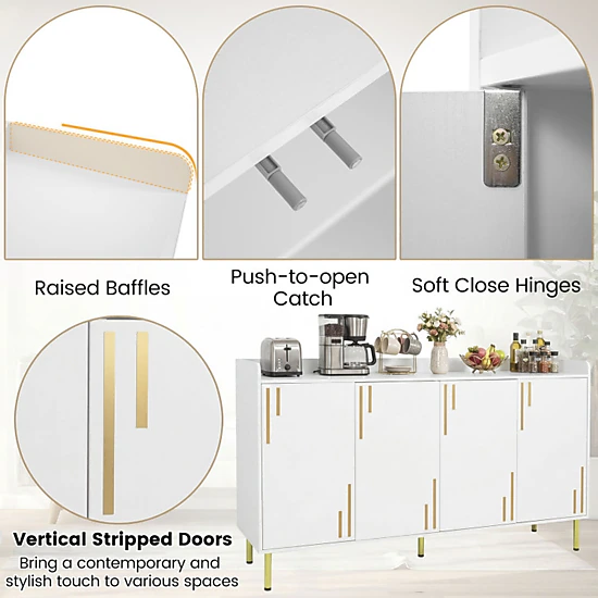 SUGIFT 55-in 4 Doors 5 Metal Legs Gold-Tone Handles Credenza Buffet Cabinet 16-in D x 33-in H 100-lb Capacity White