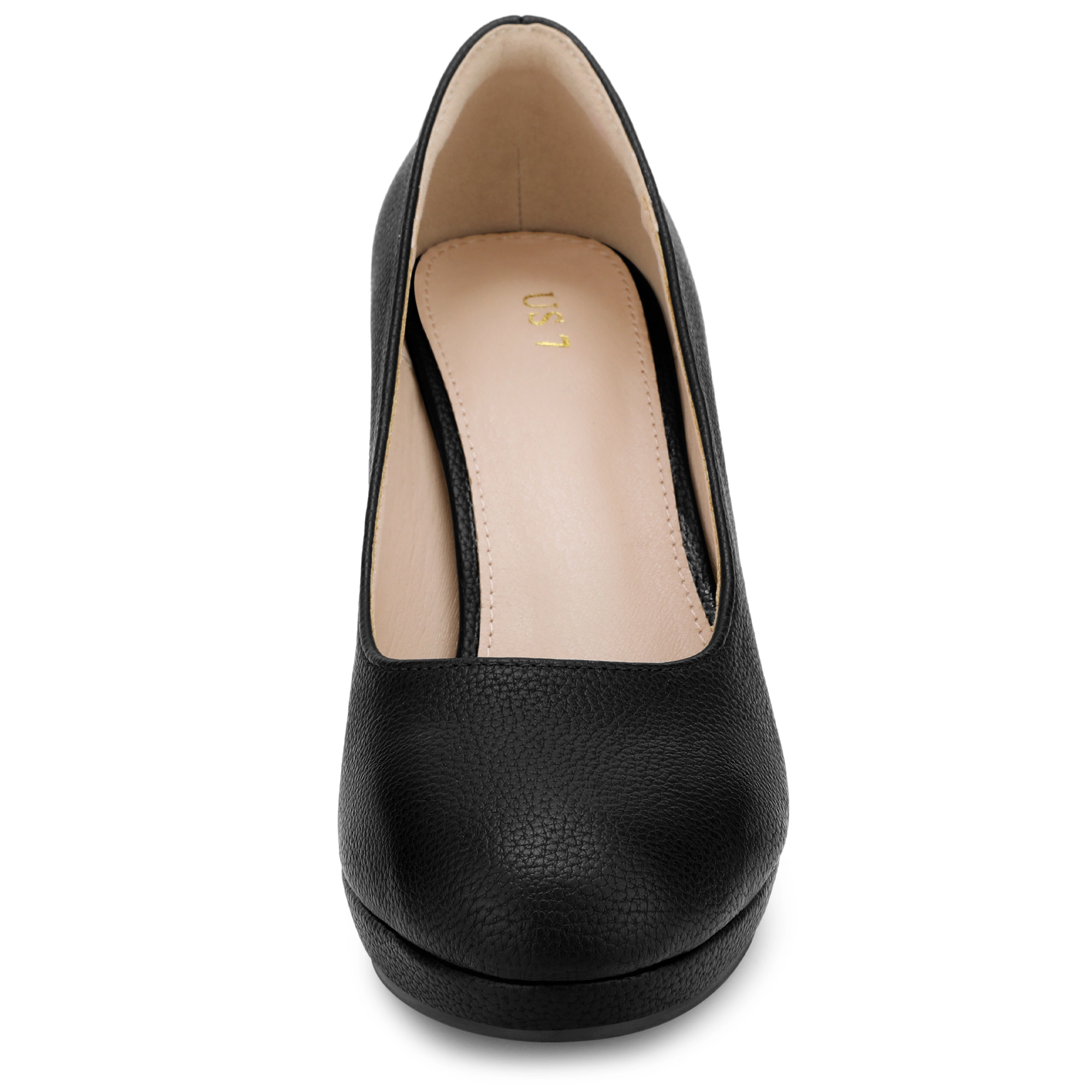 BLISSFUL STEP Women Faux Leather Round Toe Chunky Heel Platform Slip On Pumps