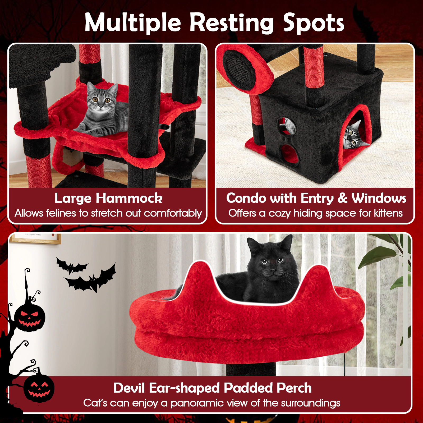 SUGIFT 52-in Gothic Cat Tree with Bat Platforms Devil Eye Scratching Board Sisal Posts and Hammock