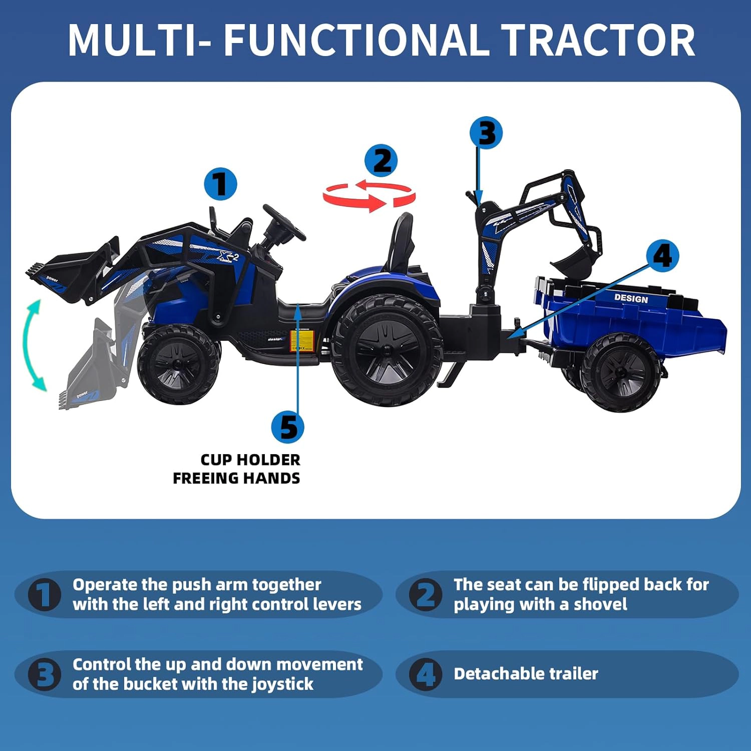 Enjyam 24V Kids Ride On Tractor, Excavator & Bulldozer w/ Trailer, Digger, Shovel Bucket, Remote, LED Lights, Music