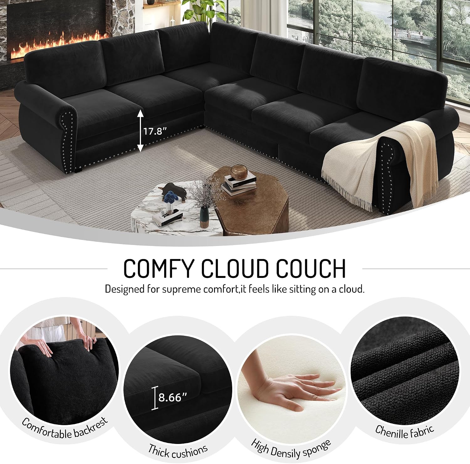 RENDGO 118 L Shaped Sectional Sleeper Sofa with Pull Out Bed