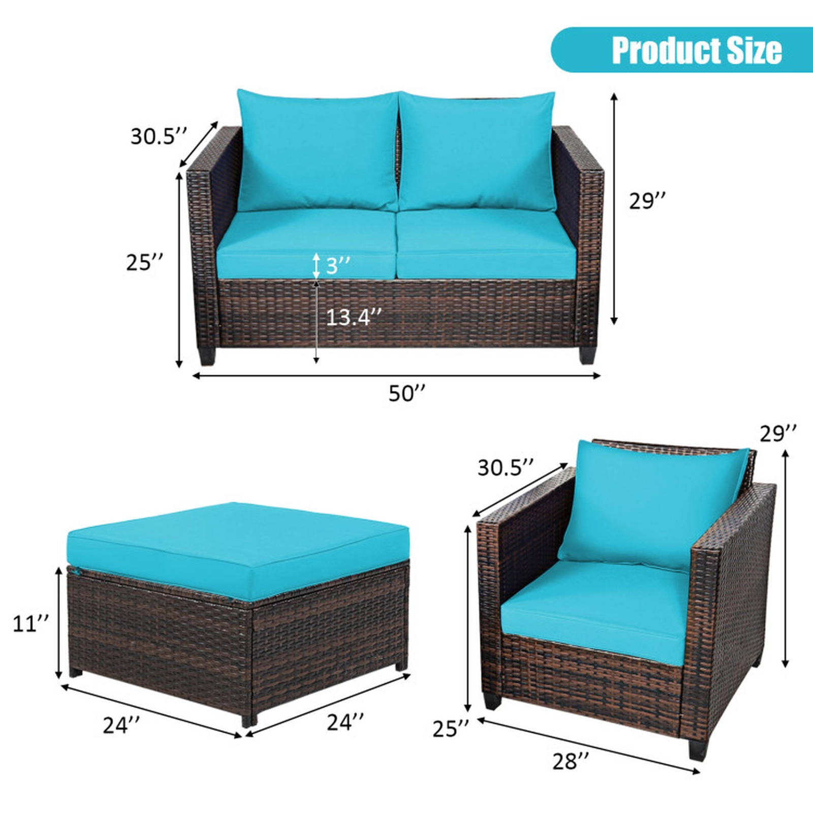 SUGIFT Turquoise 2 Ottomans and Cushions 5-Piece Patio Rattan Sectional Sofa Set