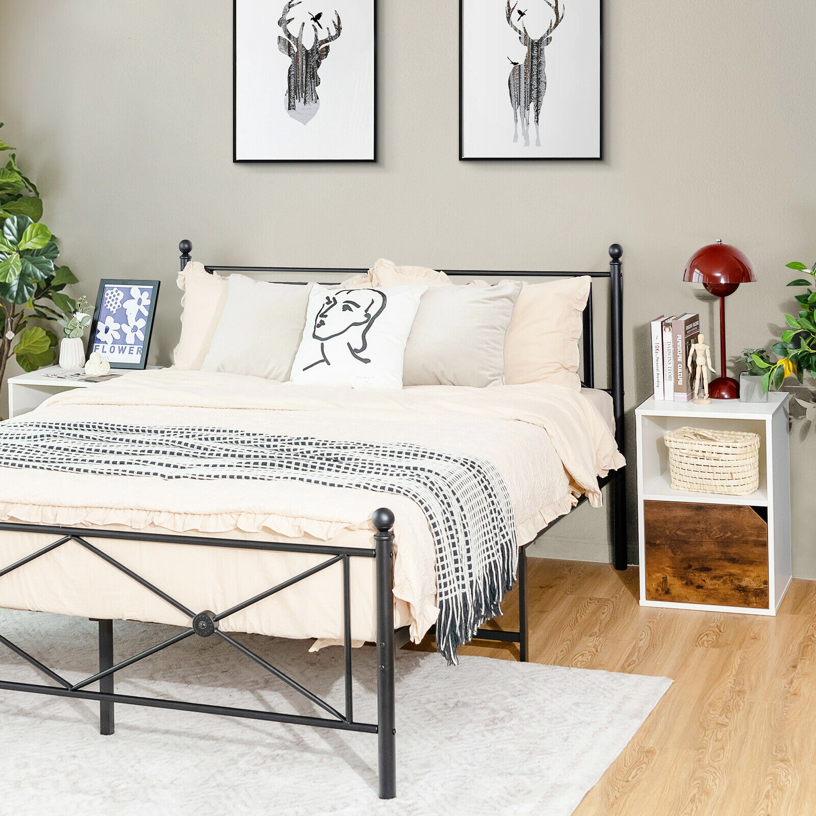 SUGIFT Set of 2 Three-Tier Engineered Wood Nightstands with Open Shelf and Cabinet 66-Lb Capacity Rustic Brown