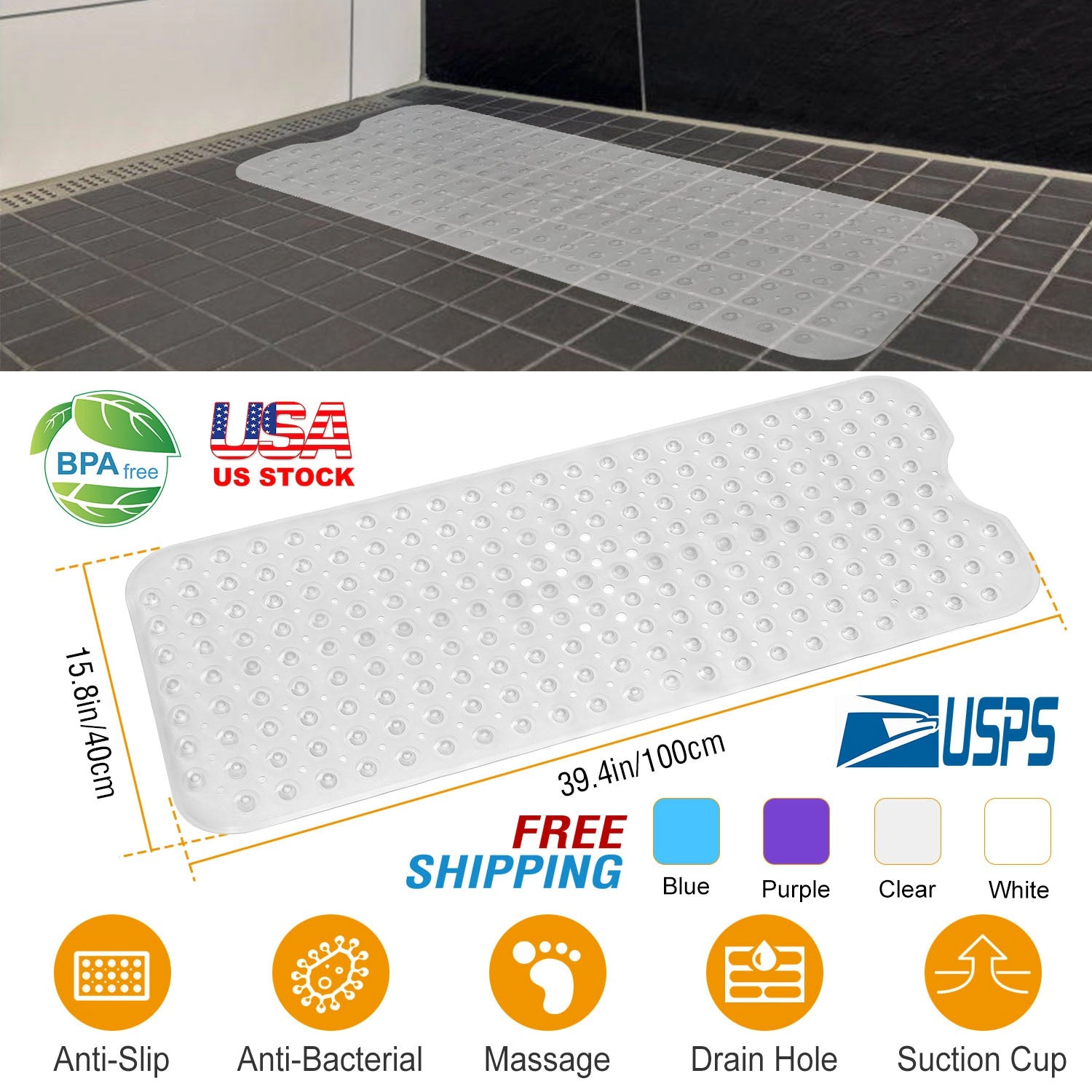 GBruno Non-Slip Massage Bath Tub Mat With Suction Cups