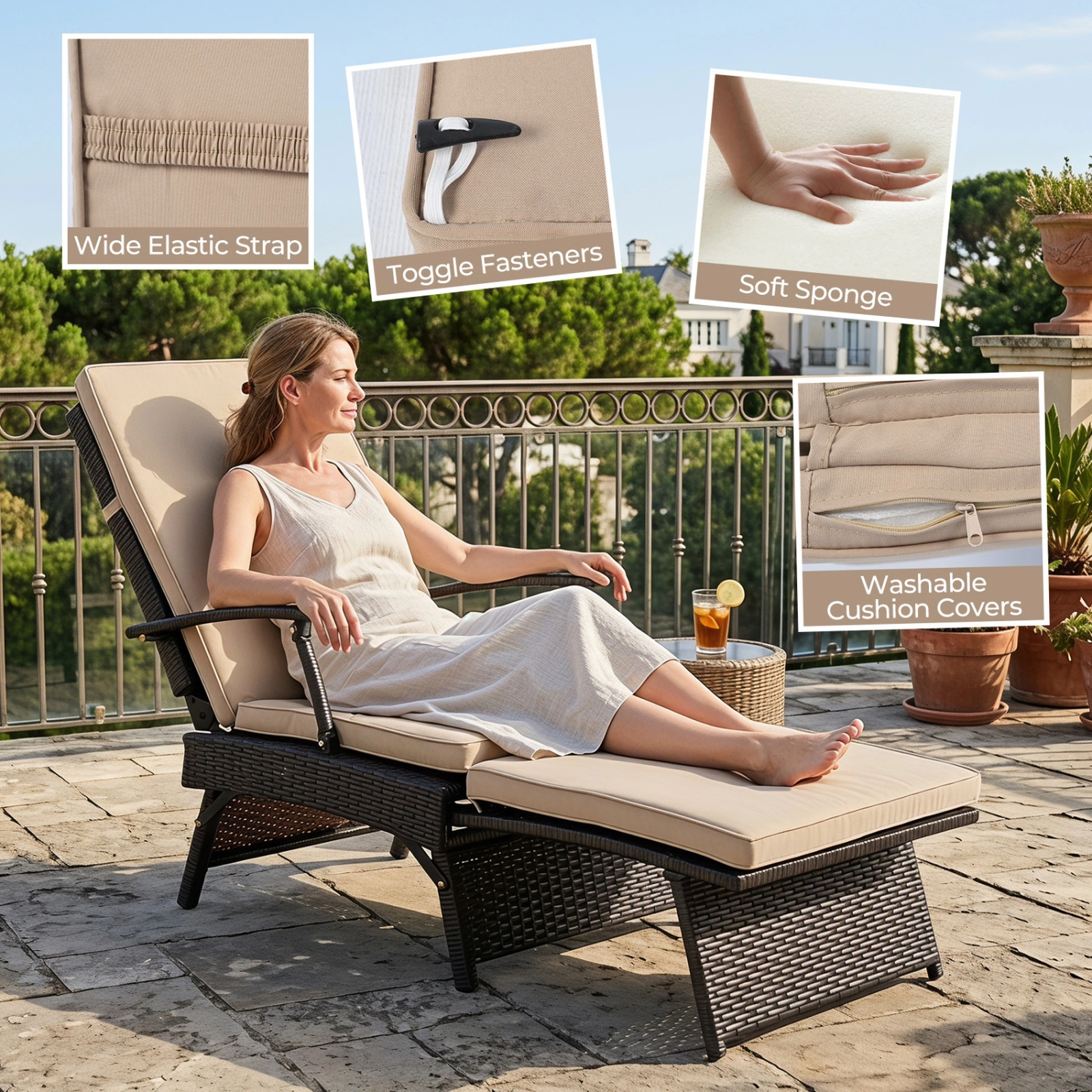 SUGIFT Folding Wicker Chaise Lounge with Slide-Out Ottoman 11-Level Adjustable Backrest 400-Lb Capacity Mix Brown