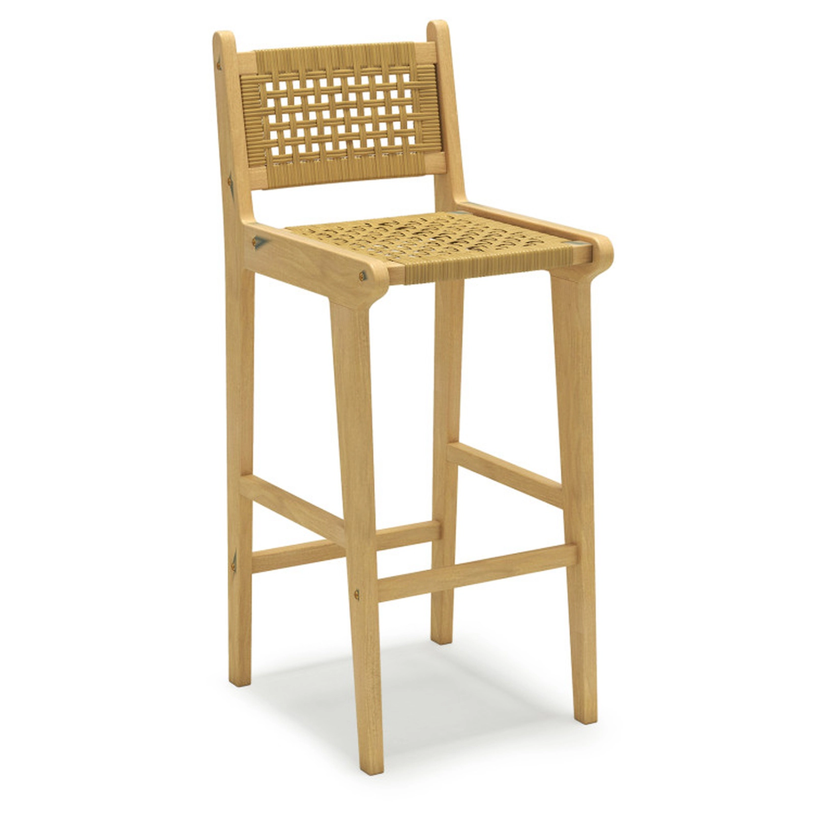 SUGIFT 29.5-in Bar Height Teak Patio Bar Stool, Woven Rattan, Foot Rail, 350-lb Capacity