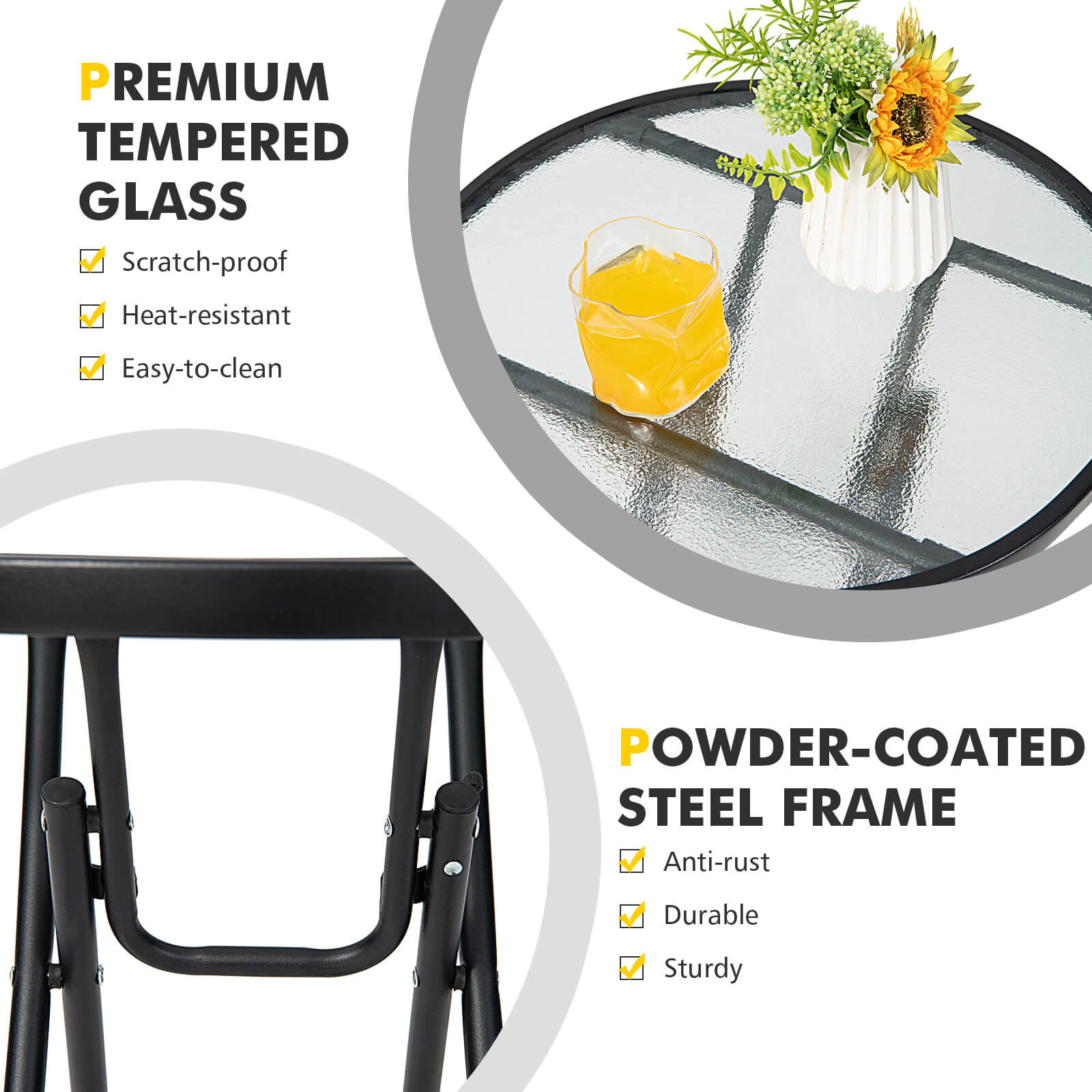SUGIFT 18-In Black Folding Tempered Glass Outdoor Side Table with Rustproof X-Frame