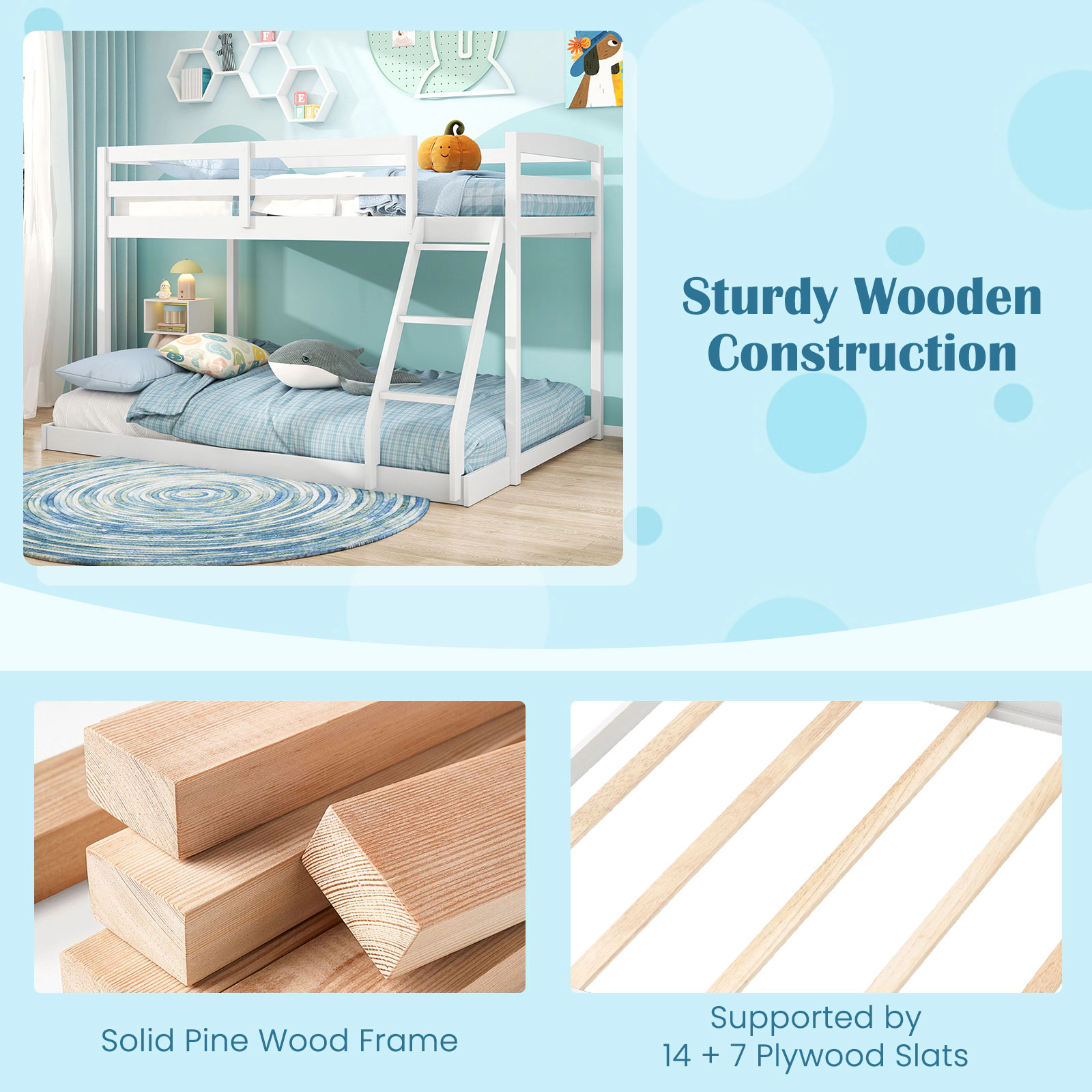 SUGIFT White 21 Support Slats and Guardrails Twin Over Full Kids Low Bunk Bed