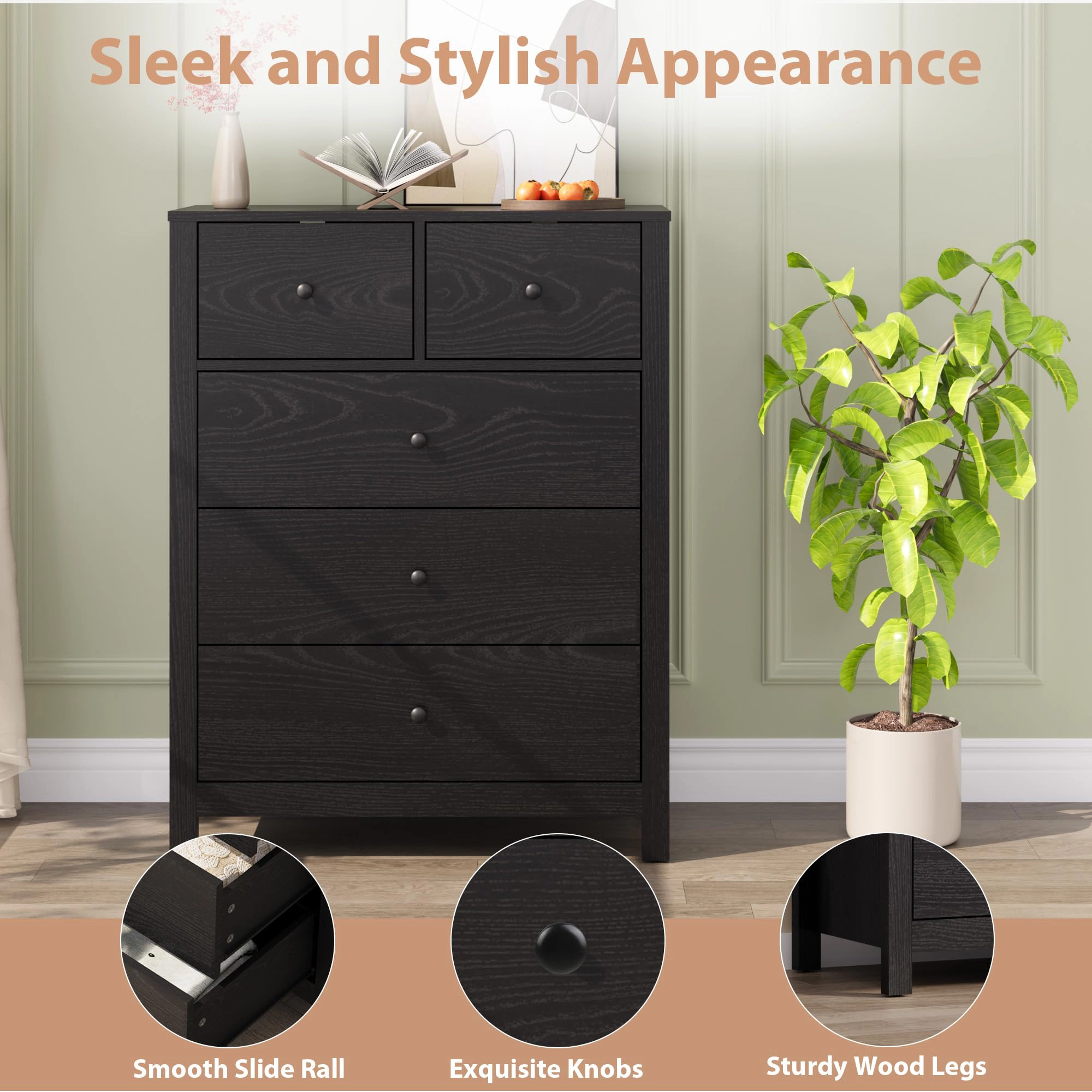 5 Drawer Modern Dresser with Metal Knobs, 37" Tall Wooden Storage Chest for Bedroom Hallway Entryway
