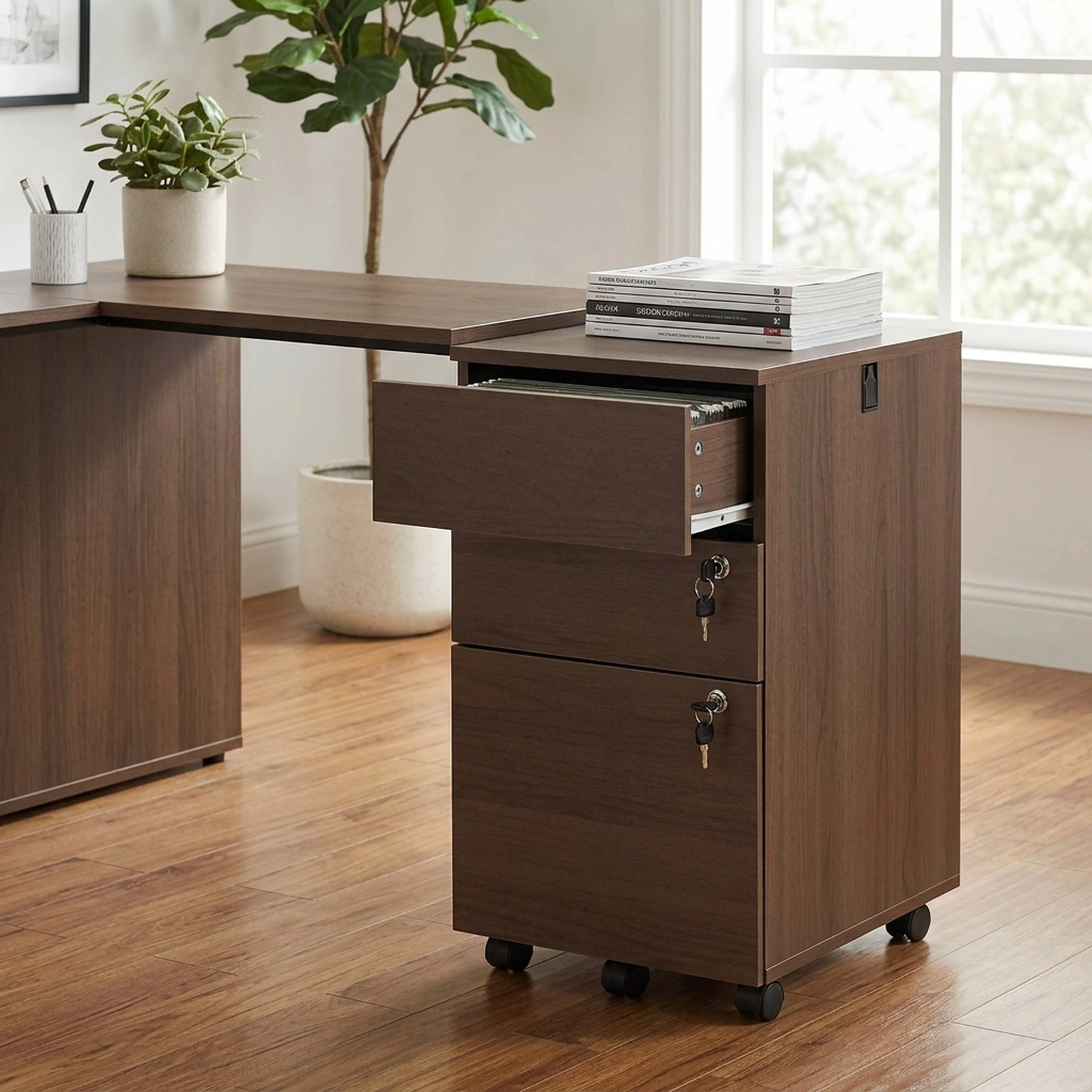 SUGIFT Coffee 3-Drawer Locking Rolling File Cabinet Under Desk Filing Cabinet for Letter Legal and A4