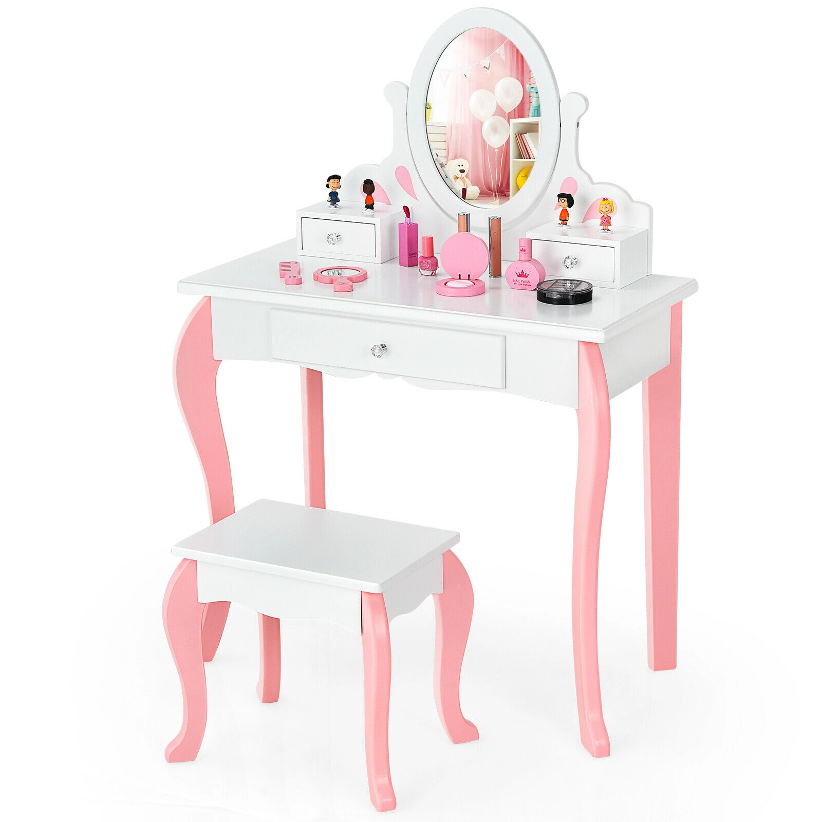 SUGIFT Kids Vanity Table and Stool Set White with 360 Degree Rotatable Detachable Mirror