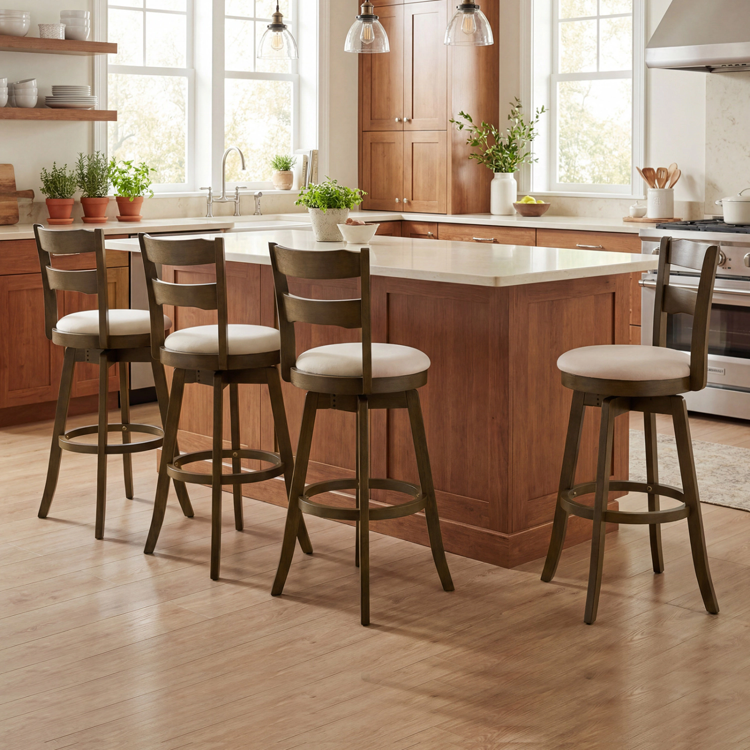 Glintex 4-Piece 30.5-Inch Swivel Bar Stool Set with Curved Backrest, Ash Wood + Sand