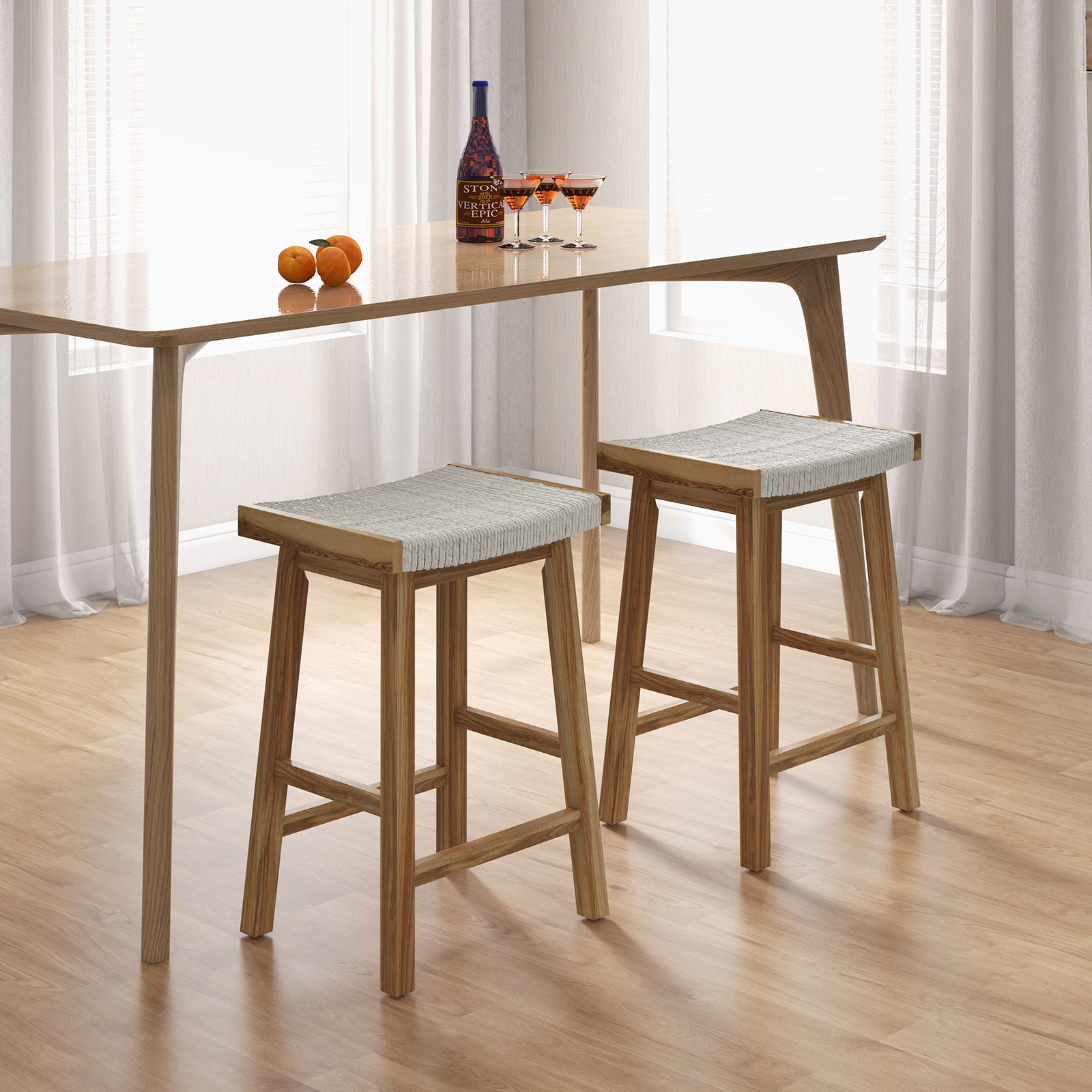 SUGIFT Seaweed Woven Curved Seat and Acacia Frame Set of 2 Natural 25.5 in Bar Stools