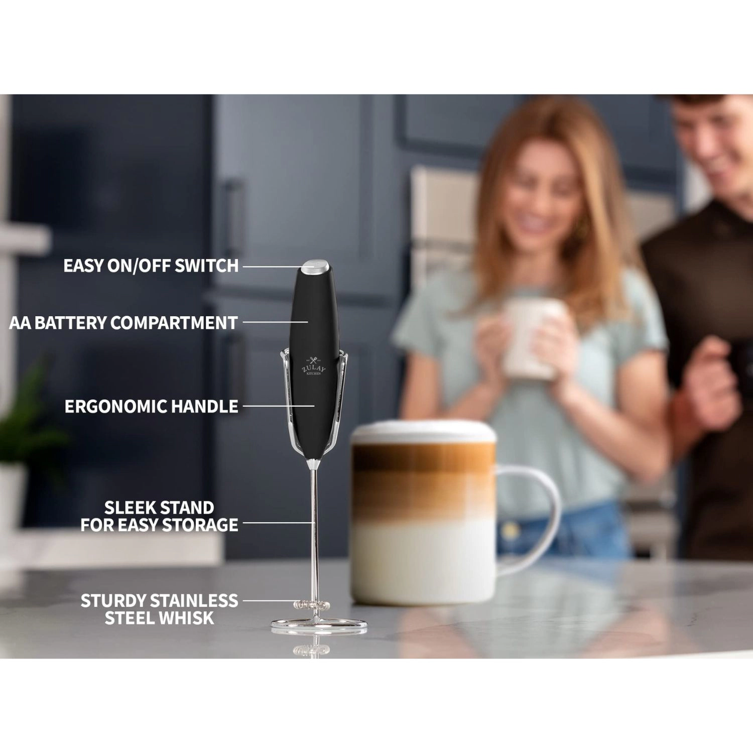 Zulay Kitchen FrothMate Powerful Milk Frother Portable & Compact Handheld Foam Maker Lattes, Cappuccinos