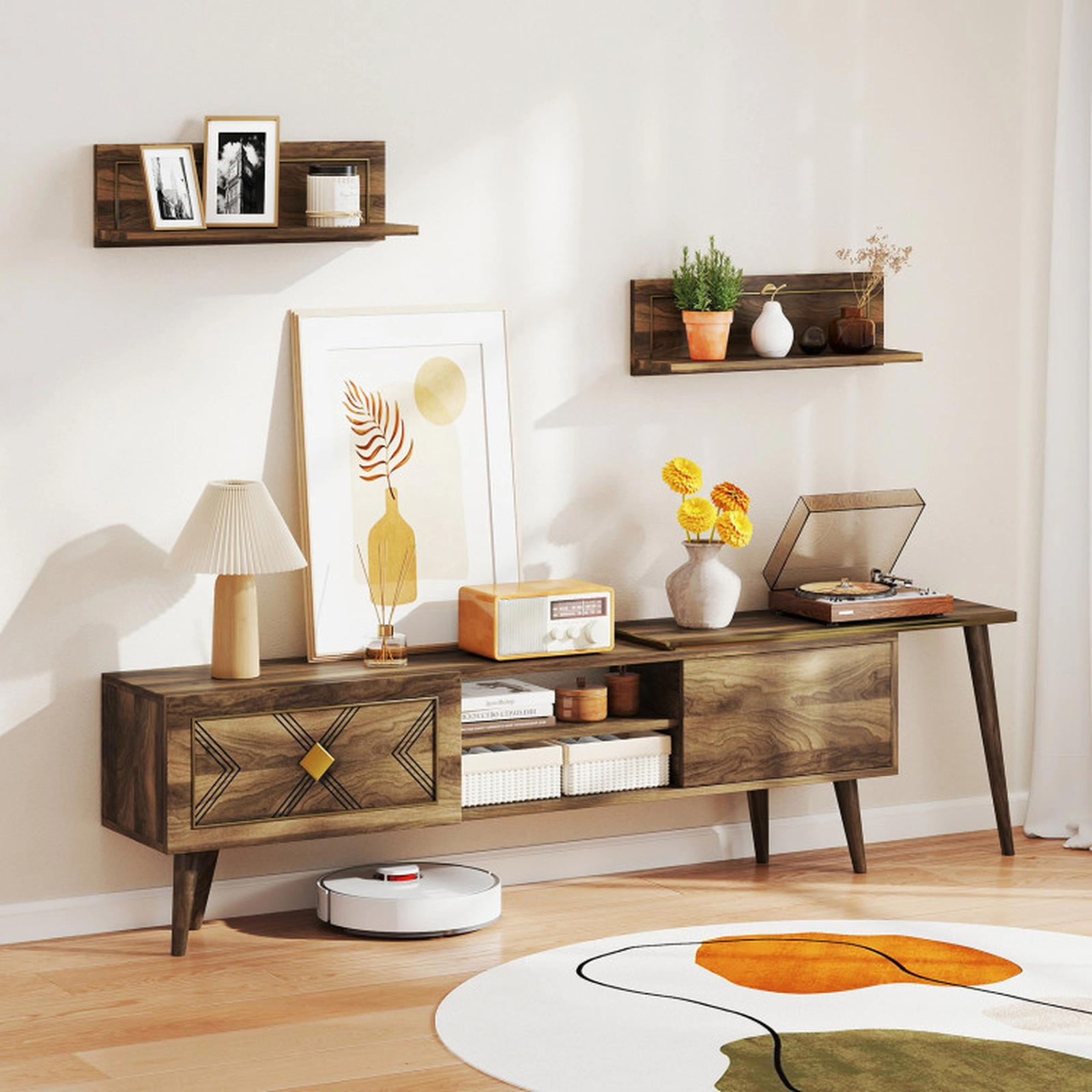 SUGIFT 75 in TV Stand Walnut Mid Century Media Console for TVs up to 85 in with 2 Wall Shelves