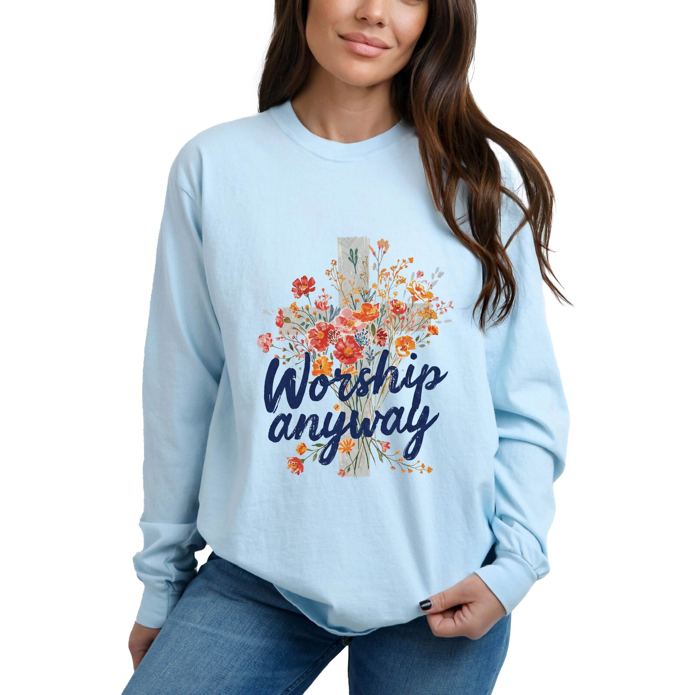 Simply Sage Market - Worship Anyway Cross Women's Garment Dyed Long Sleeve Graphic T-Shirt