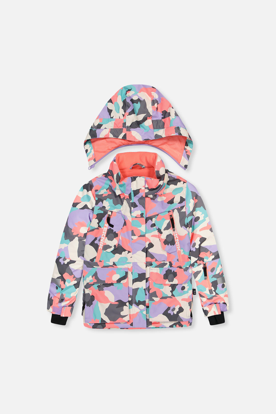 Deux par Deux Girls Two Piece Teknik Camouflage Print Snowsuit with Hooded Jacket and Snow Pants
