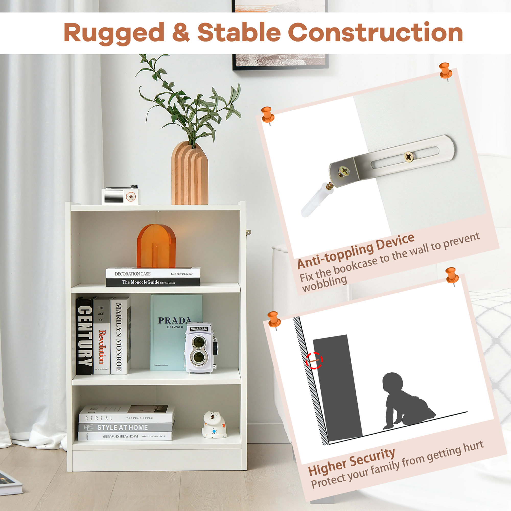 Costway 3-Tier Bookcase Open Multipurpose Display Rack Cabinet with Adjustable Shelves White