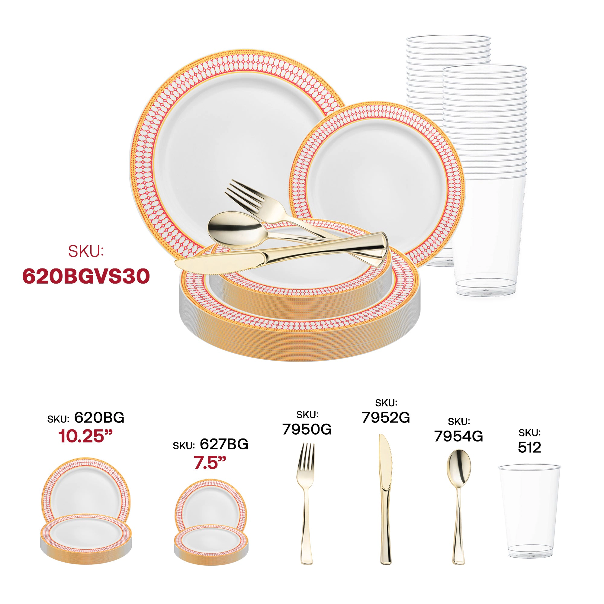 Smarty Had A Party White with Red and Gold Chord Rim Plastic Wedding Value Set