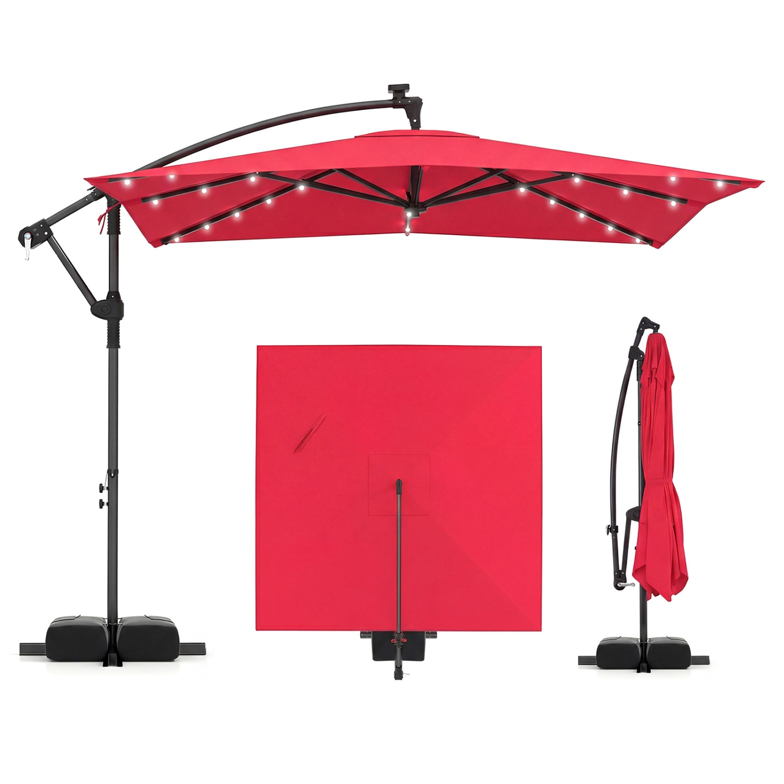 SUGIFT 8-ft Red Square Solar LED Offset Patio Umbrella with 360-Degree Rotation and Crank Lift for Deck