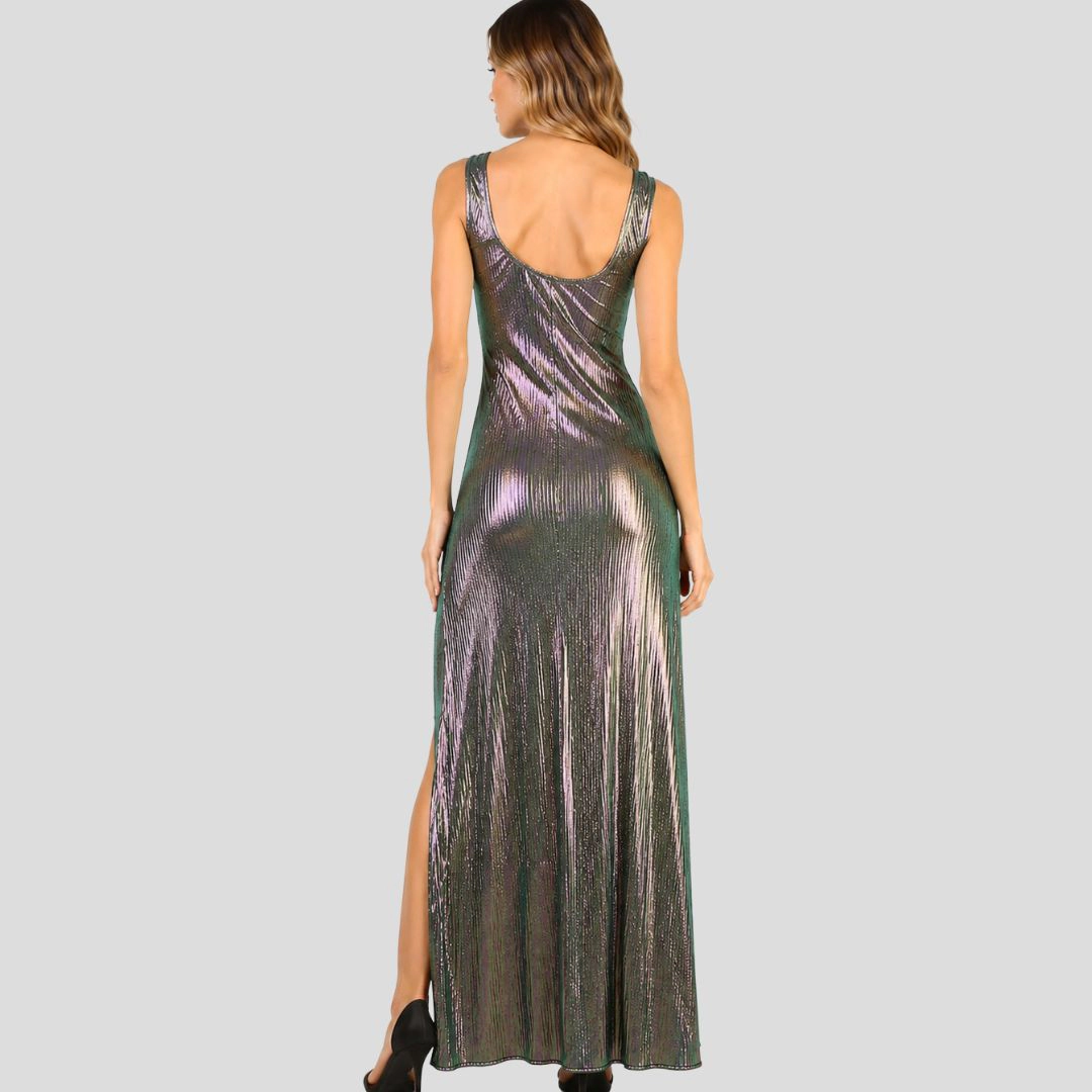 Artyska Side Slit Metallic Pleated Sleeveless Party Long Dress
