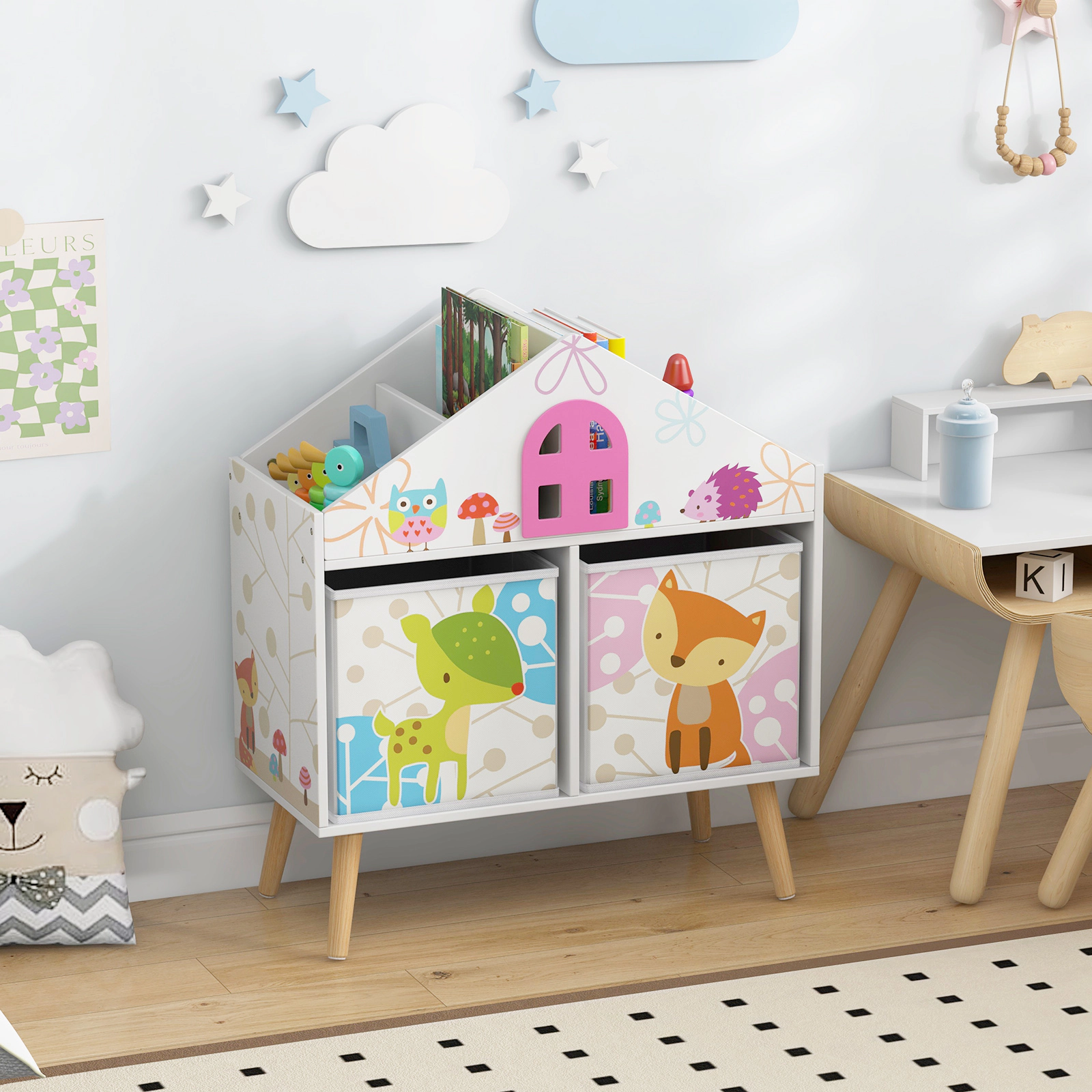 Hivvago Kids House-Shaped Bookshelf With 2 Storage Bins
