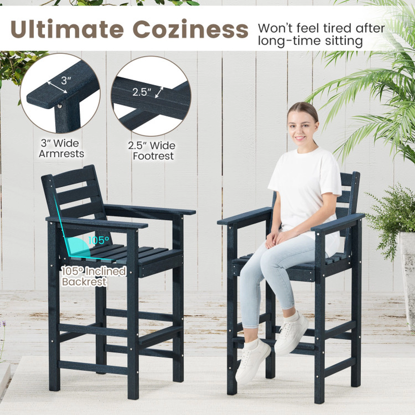 SUGIFT Adirondack Patio Bar Chairs Set 330-lb Capacity Navy