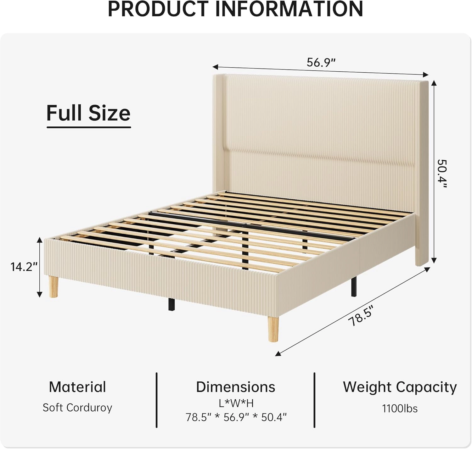 BebreezChic Beige Upholstered Full Platform Bed Frame with Headboard,Beige