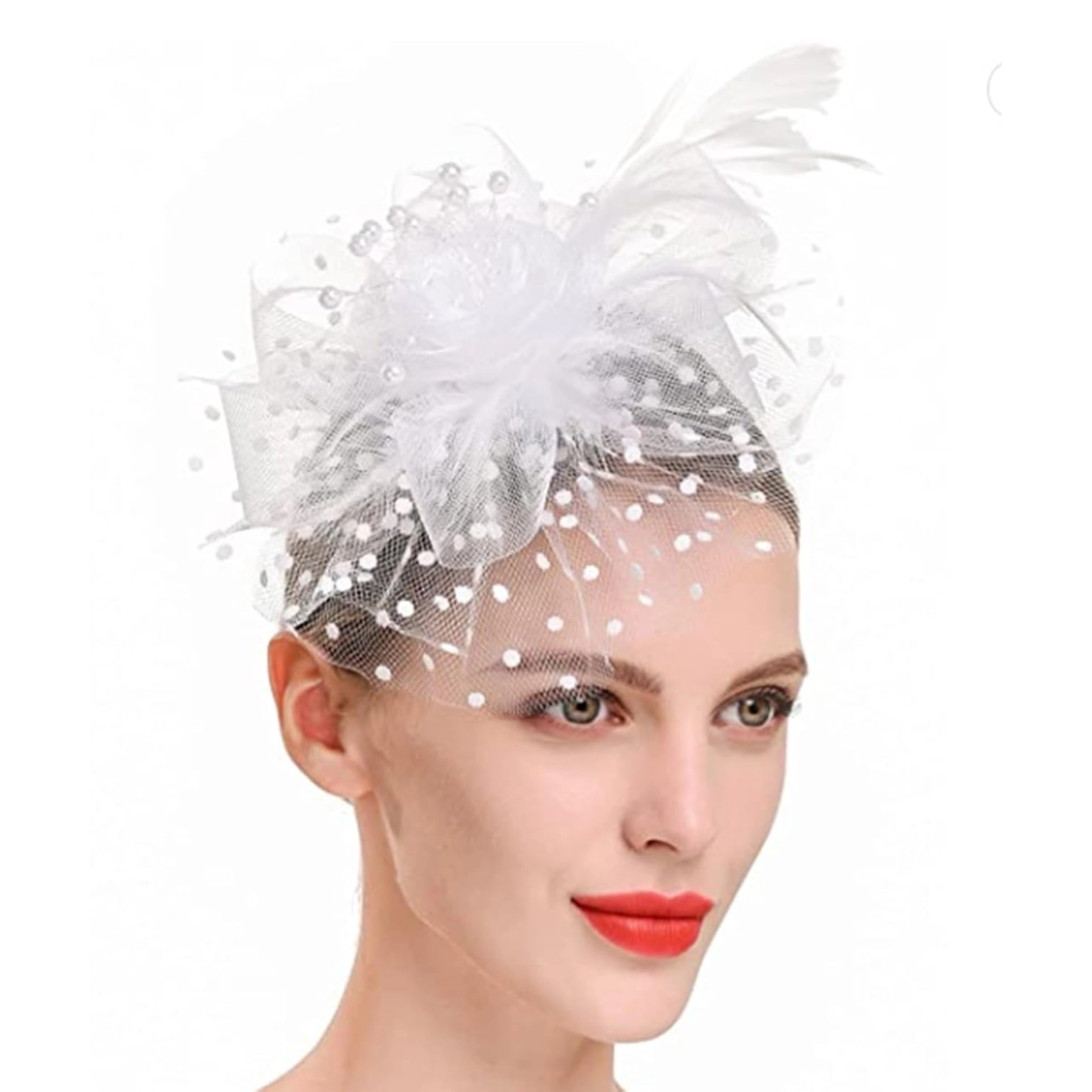 SS Design White Pillbox Fascinator Hat with Veil for Women