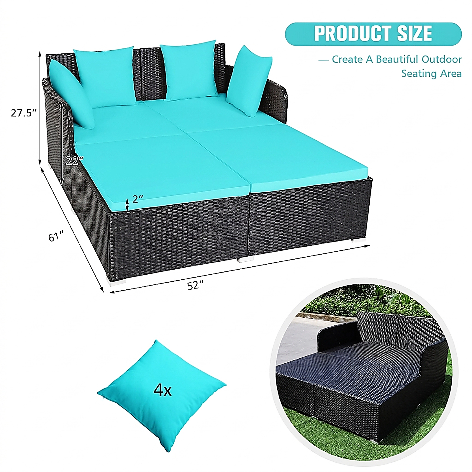 SUGIFT Turquoise Rattan Outdoor Daybed, 800-lb Capacity, 2-Person, Curved Backrest