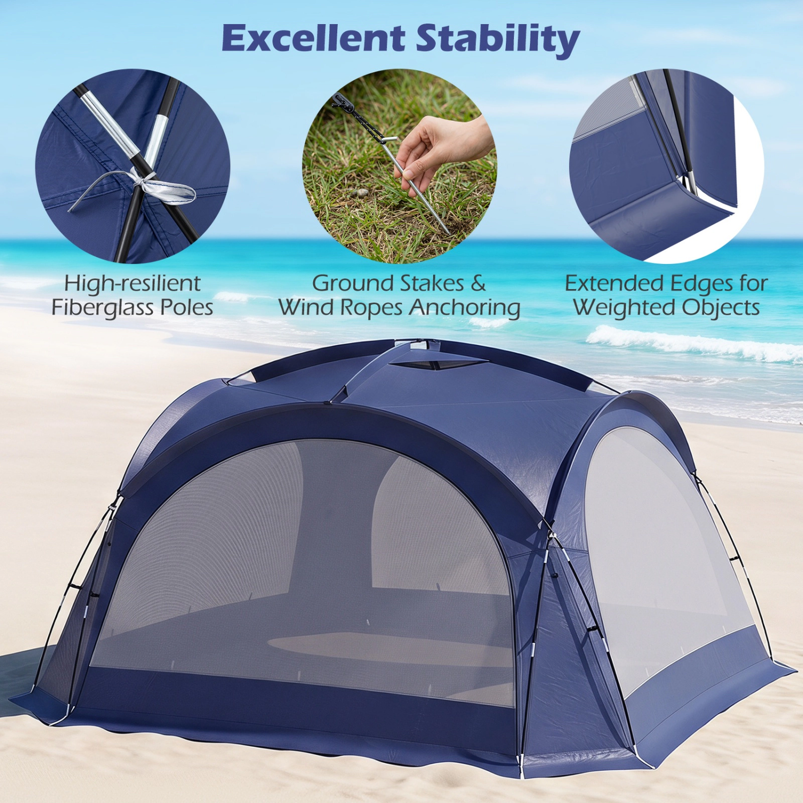 SUGIFT Extra Large Easy Setup Dome Canopy Beach Tent for 12-15 People with 4 Removable Zippered Sidewalls Blue/Beige