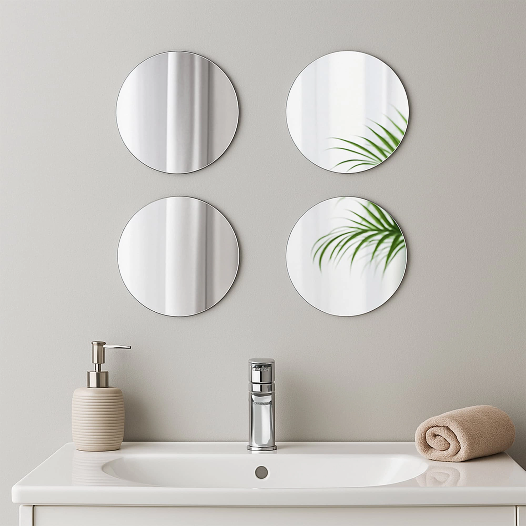 Evideco French Home Goods Set of 4 Self-Adhesive 7.12" Round Frameless Glass Mirrors, Silver