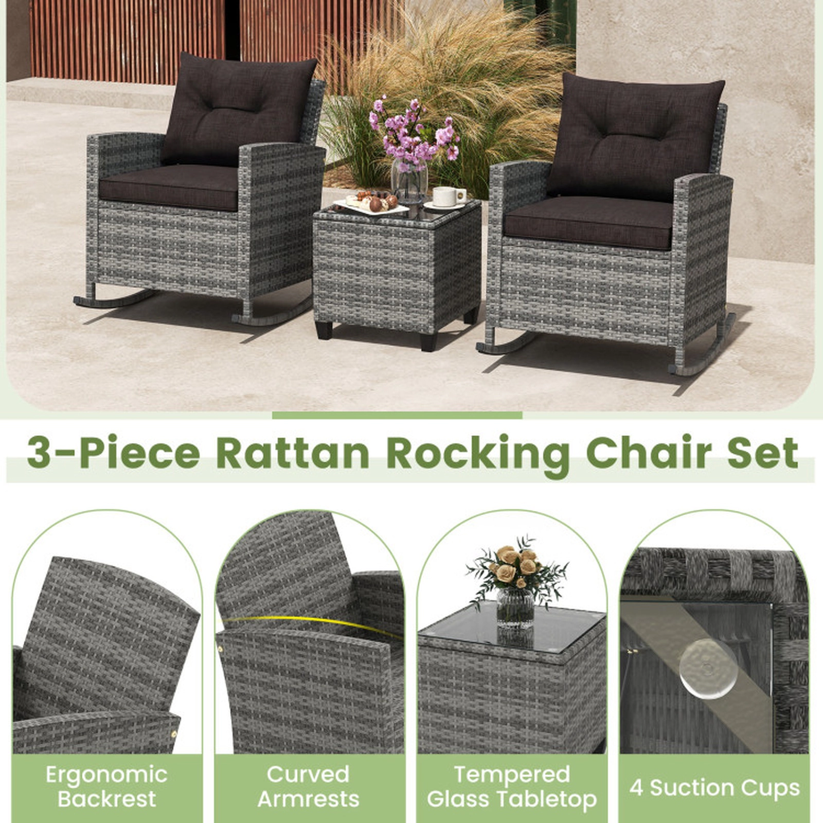 SUGIFT 3-Piece Patio Rattan Rocker Conversation Set with Tempered Glass Table 400-lb Capacity Mix Gray-Black