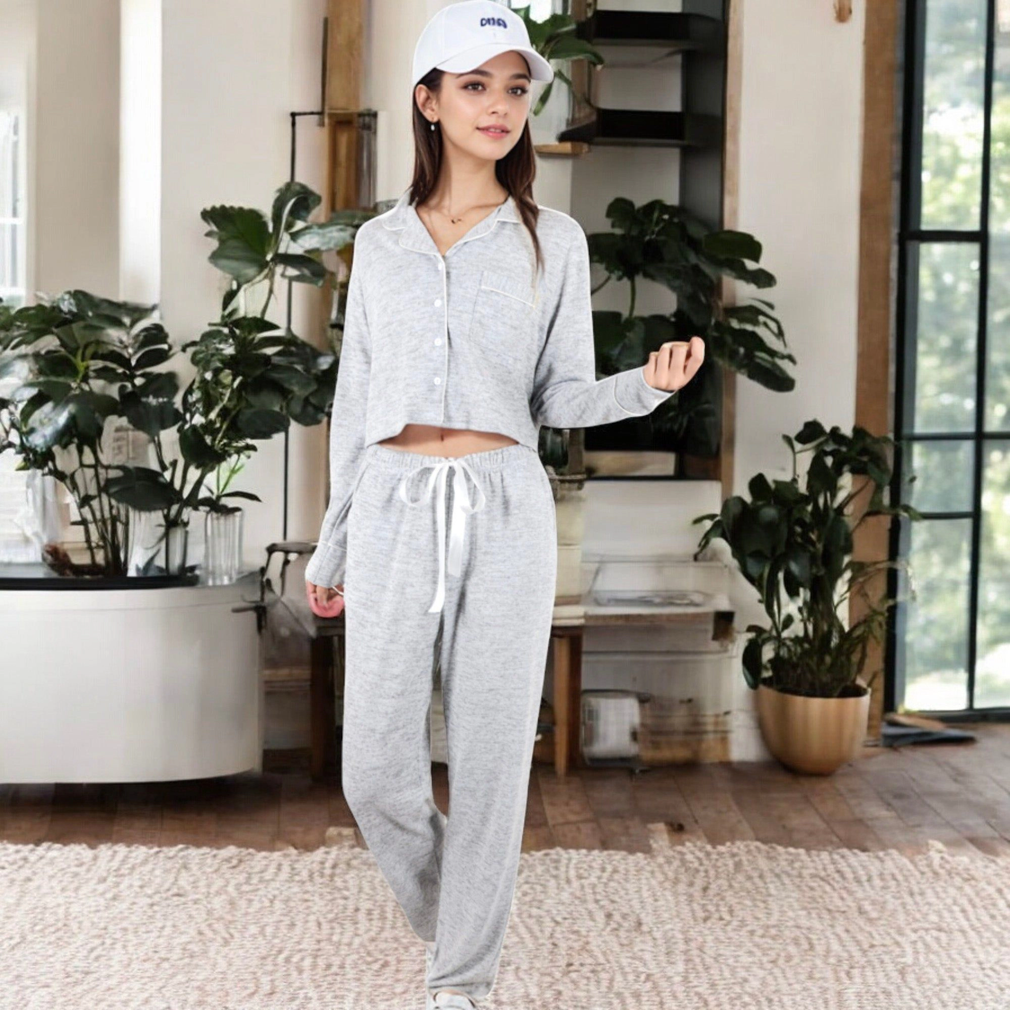 Anna-Kaci Women's Long Sleeve Button Up Pajama Set with Piped Trim Details and Relaxed Fit