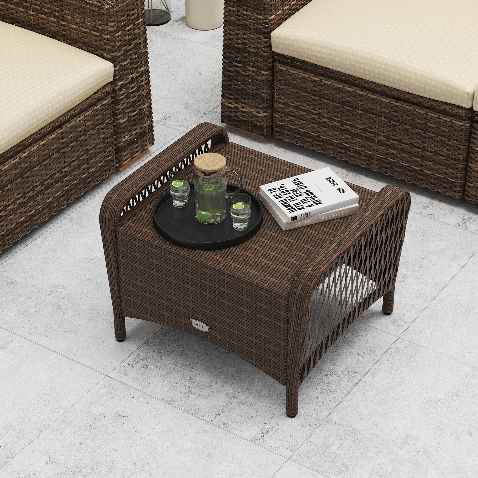 LJG Set of 2 Outdoor Patio PE Wicker Ottomans with Removable Cushions