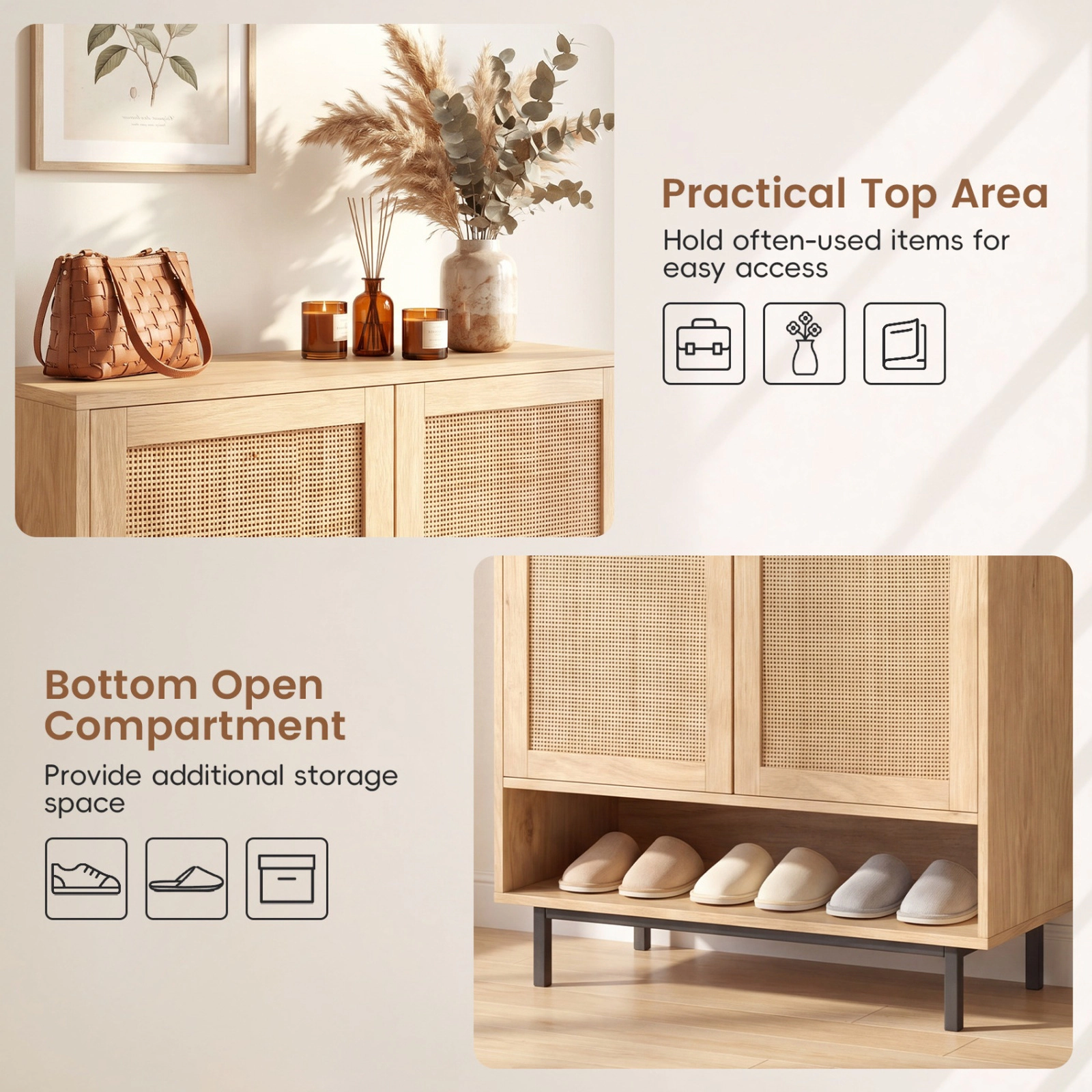 SUGIFT 6-Tier Natural 43-in Tall Shoe Cabinet with Rattan Accent Double Doors and Open Compartment