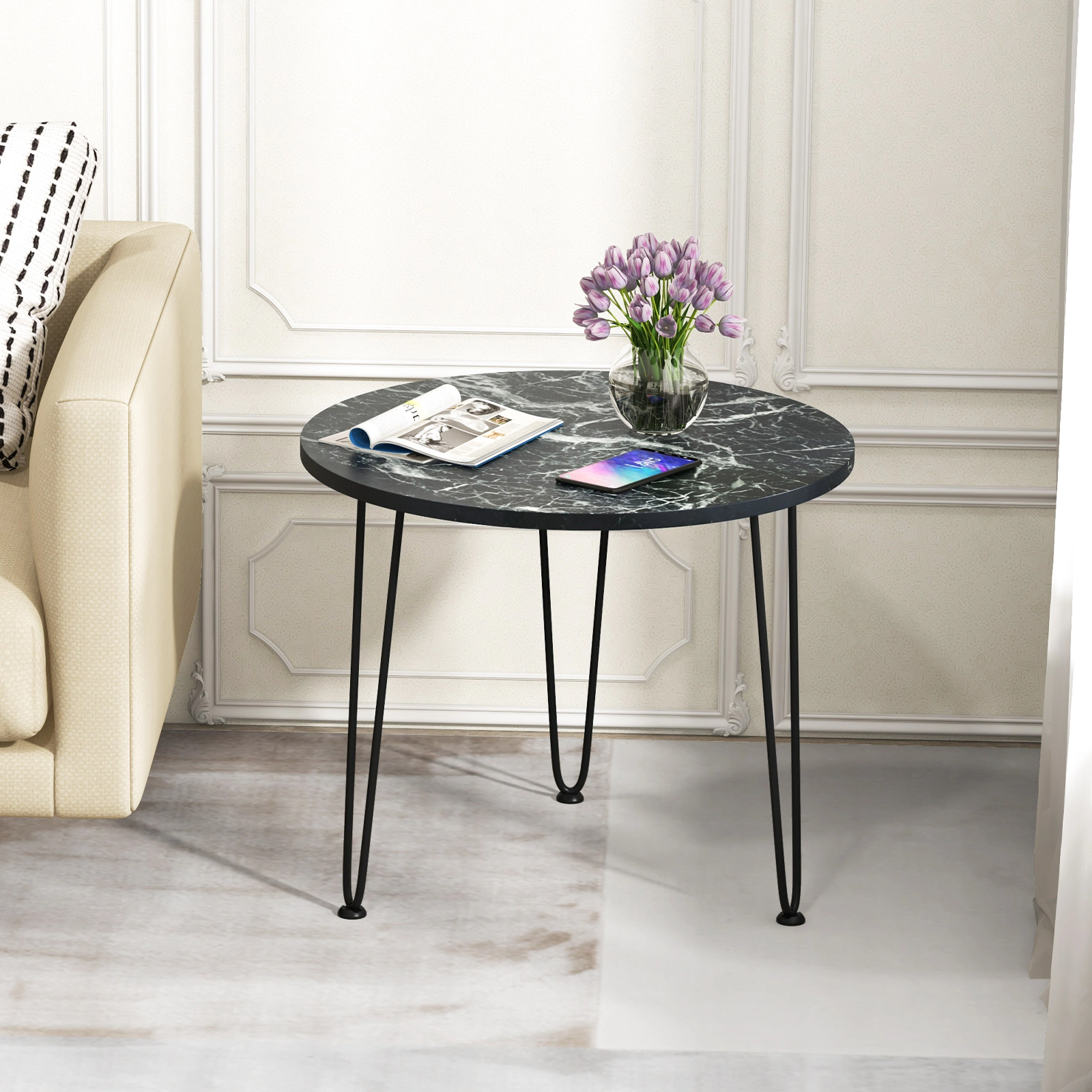 SUGIFT 23.5-Inch Round Faux Marble Coffee Table, Black Metal Tripod Base