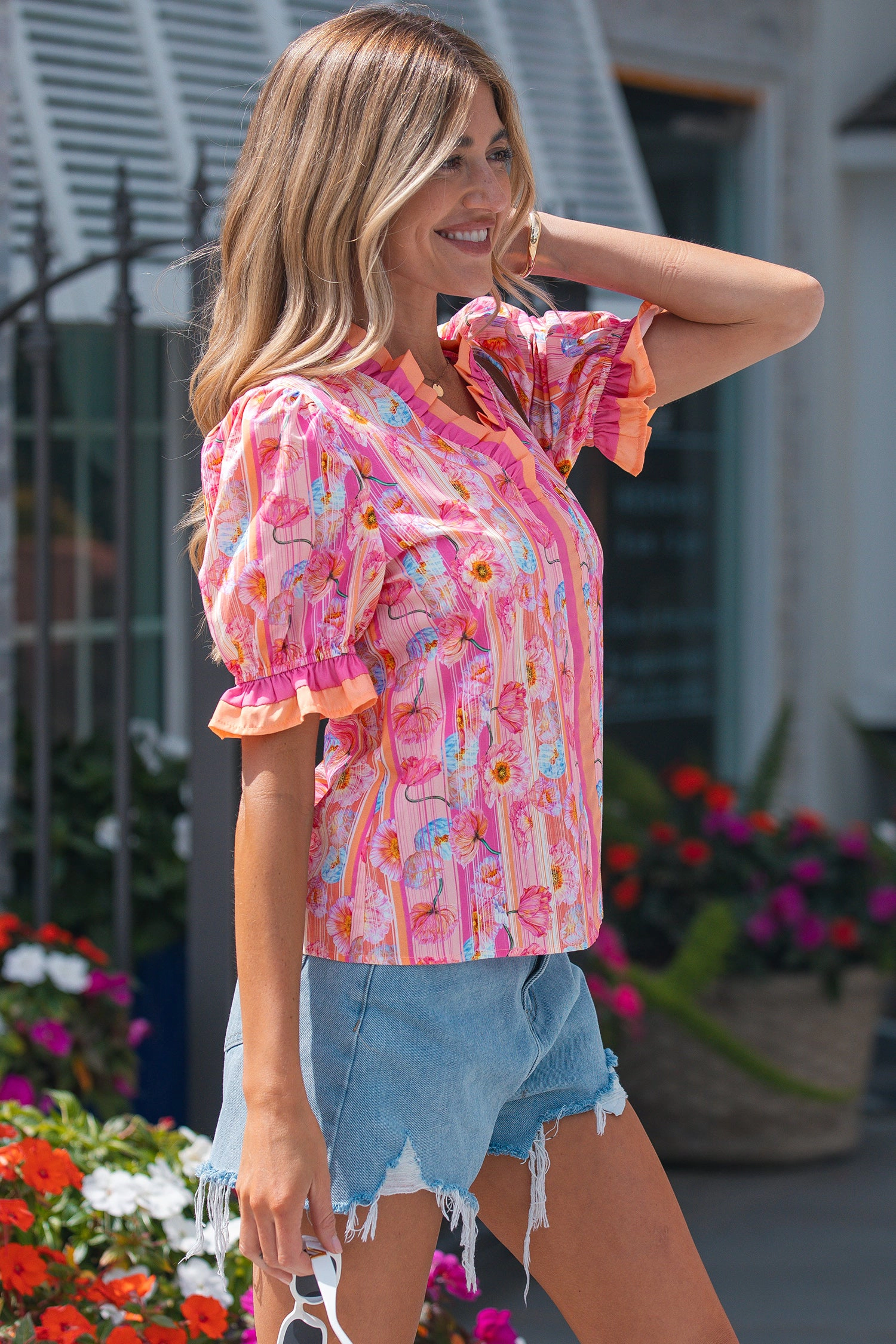 Threaded Pear Danna Trim Short Sleeve Blouse