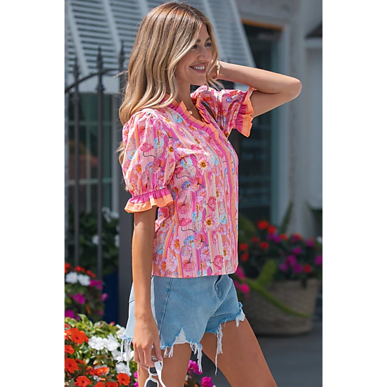 Threaded Pear Danna Trim Short Sleeve Blouse