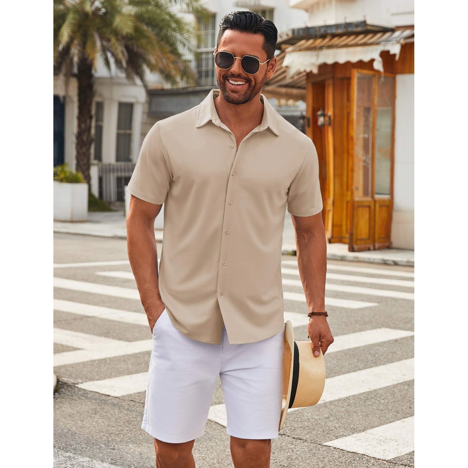 COOFANDY Mens Short Sleeve Striped Button Up Shirt Shorts Set Casual  Outfits